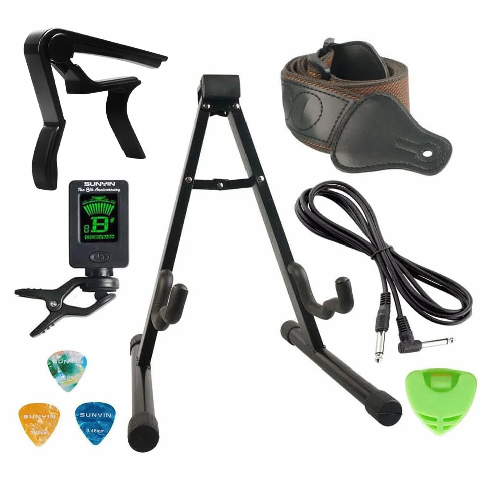 SUNYIN Kit accessori per supporto e cavo per chitarra, capo, starp, accordatore, 3 plettri per chitarra per regalo pratico per principianti