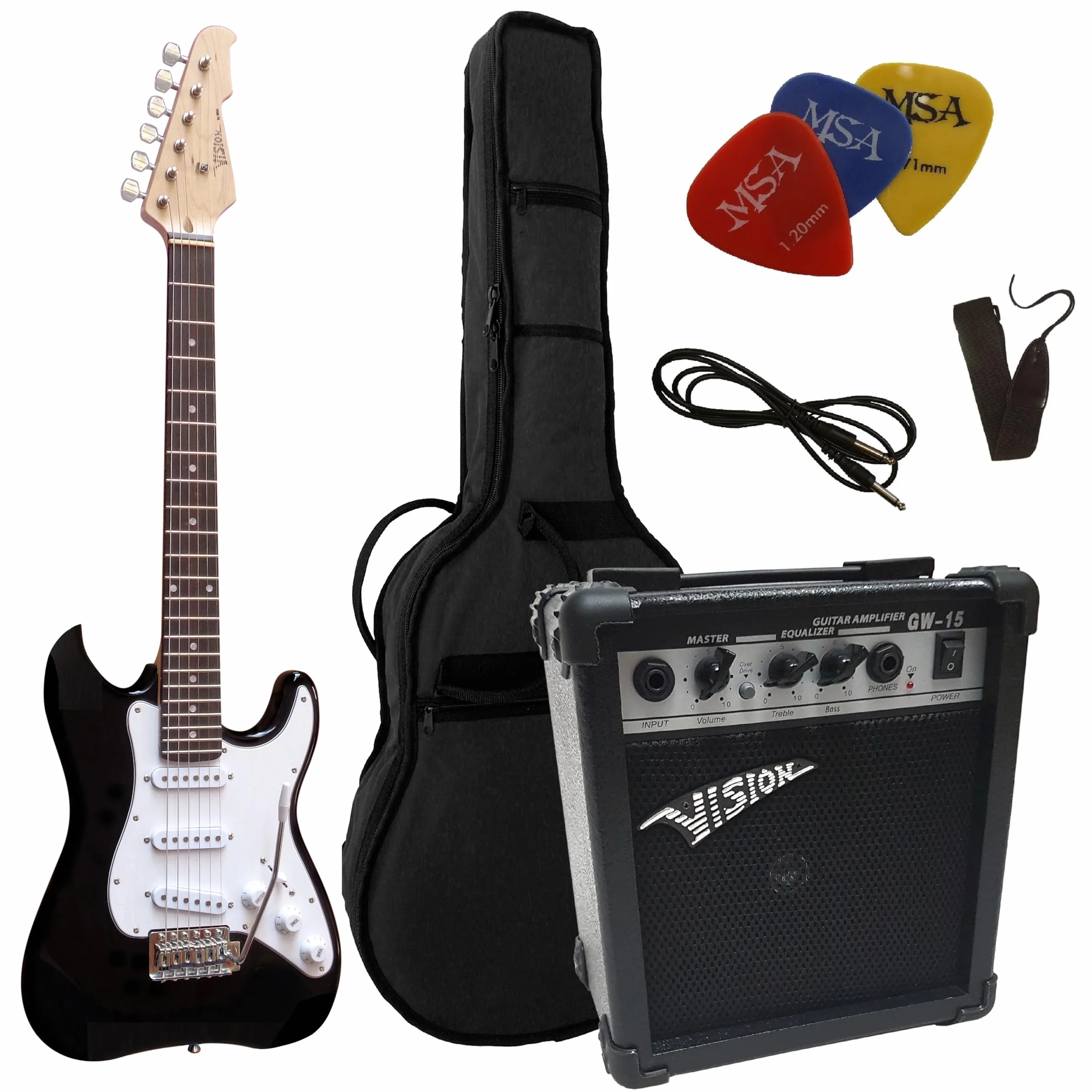 3/4 CHITARRE ELETTRICHE NERO PER JUNIOR - CHITARRA ELETTRICA NERO - LEGNO DI ONTANO MASSICCIO - MSA VISION - PICKUP - TREMOLO - EK303