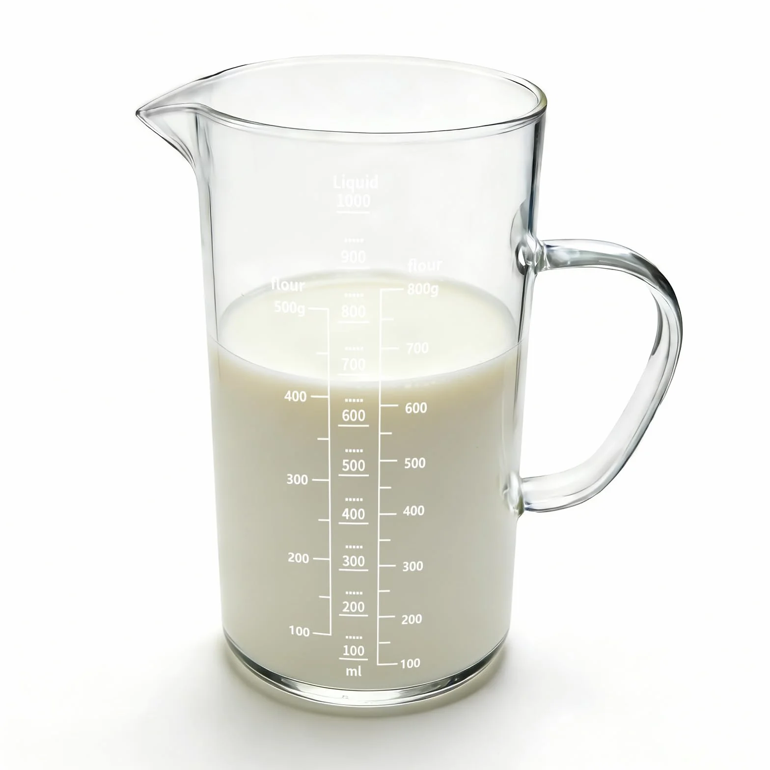 Misurino in Vetro, 1000ml, Diametro 9.5 cm, Altezza 17.5 cm, con Manico Chiuso, Bicchieri di Vetro ad Alto Borosilicato, Tazza in Vetro Resistente al Calore, Lavabile in Lavastoviglie