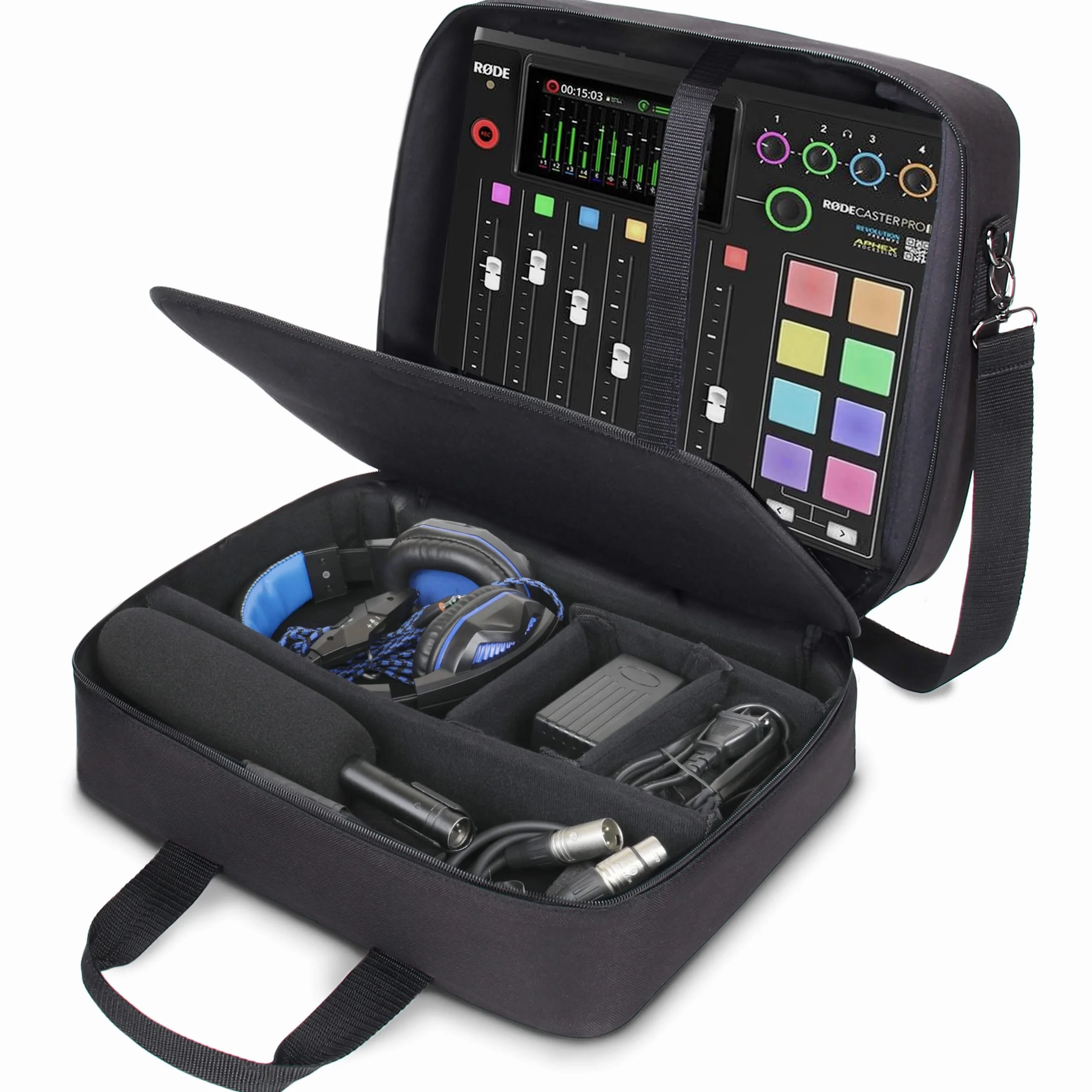 USA GEAR Custodia per Mixer Audio - Custodia da Viaggio per Mixer Podcast con Interno Antigraffio e Spazio di Archiviazione Personalizzabile - Compatibile con RODECaster Pro, RODECaster Pro II e Altri