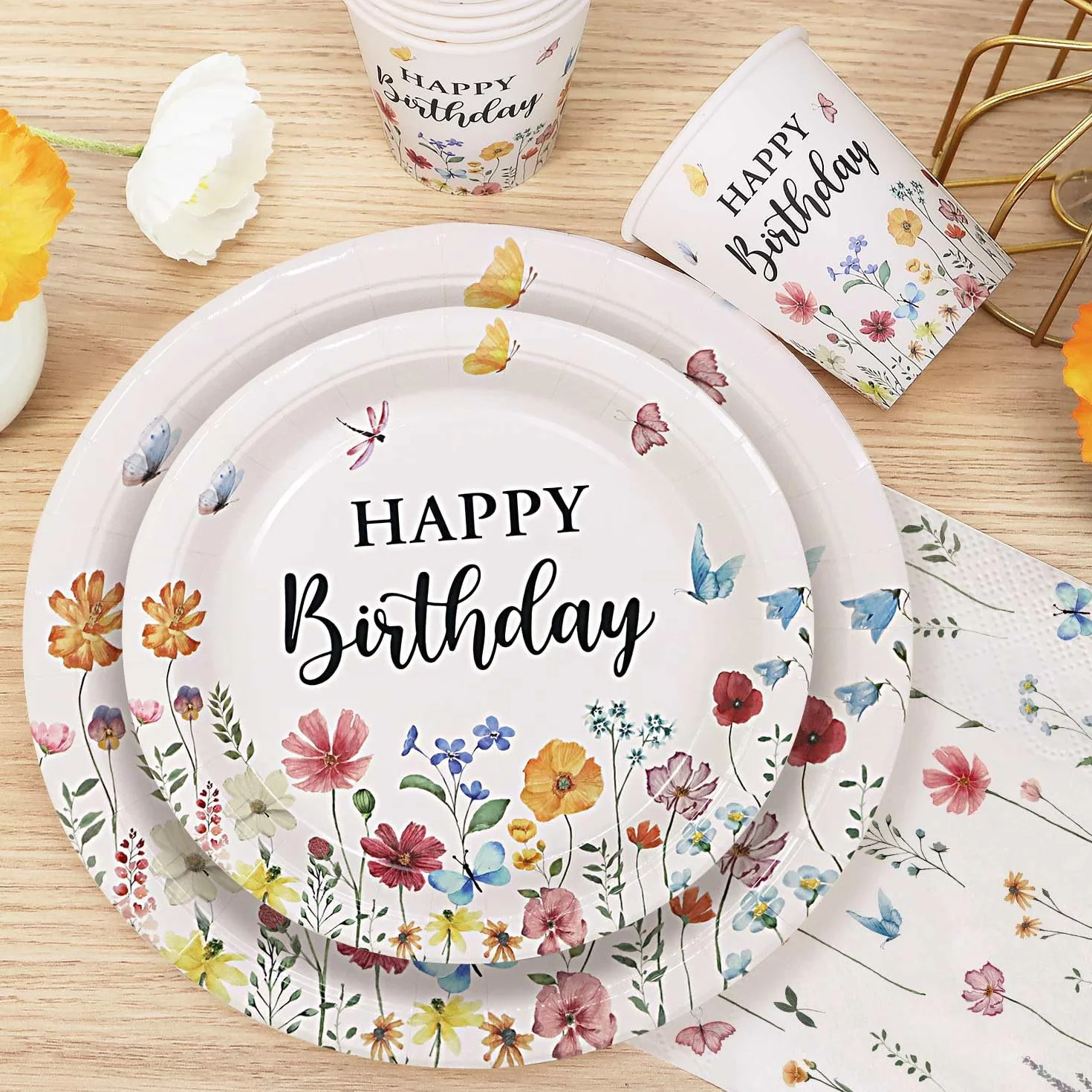 Stoviglie per Feste Fiori di Campo 25 Ospiti 100pcs Piatti Bicchieri Tovaglioli Set Decorazioni