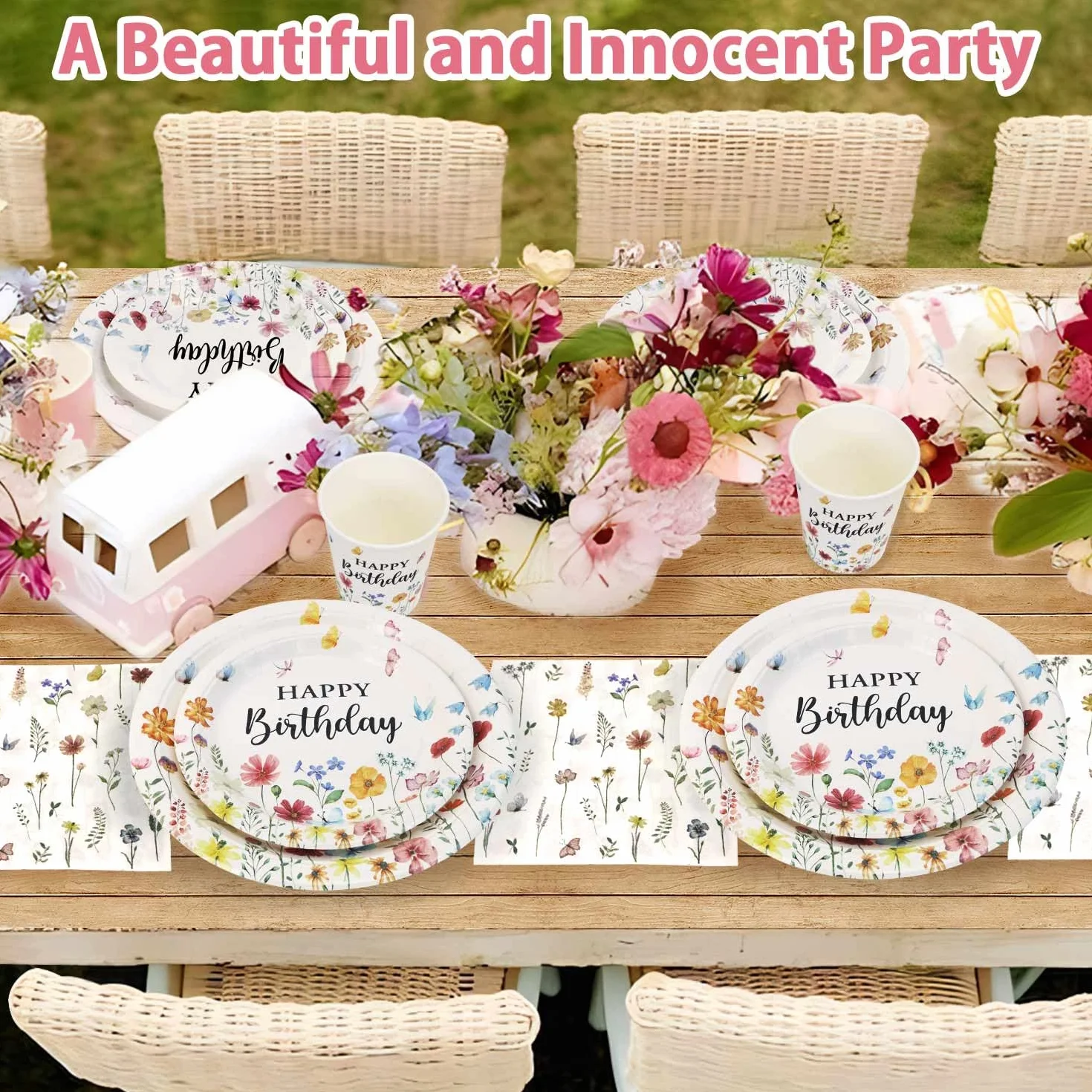 Stoviglie per Feste Fiori di Campo 25 Ospiti 100pcs Piatti Bicchieri Tovaglioli Set Decorazioni