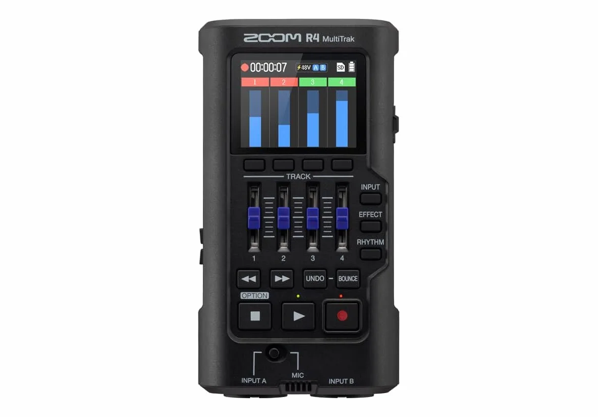 Zoom - R4 - Registratore a 32 bit con funzione bounce stereo, 2 ingressi XLR/Combo, microfono incorporato, effetti, ritmi, alimentazione a batteria e interfaccia audio