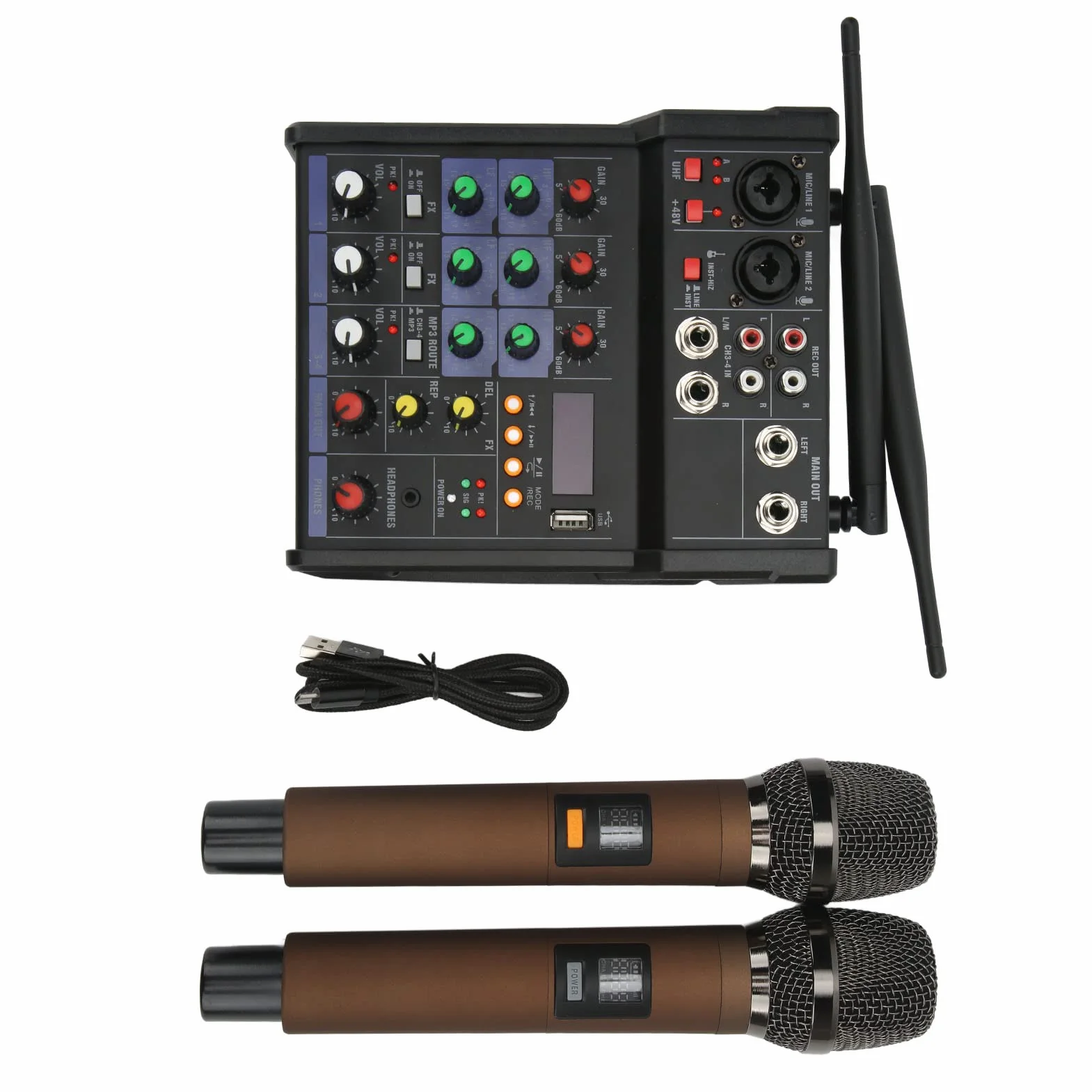 Piccolo Mixer Stereo Bluetooth con 2 Microfoni Wireless Mixer Audio a 4 Canali Processore Stereo Famiglia Mixer DJ per Live Streaming