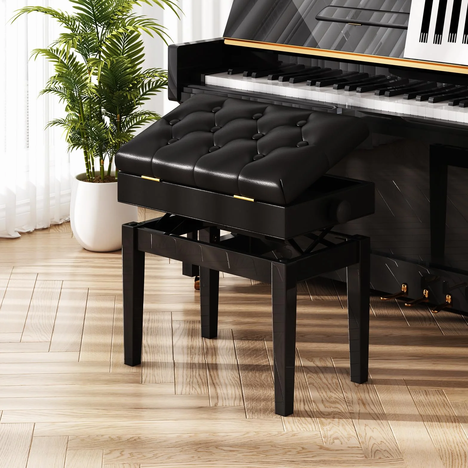 Sgabello per Pianoforte con Altezza Panca per Pianoforte, Sedile Regolabile per Pianoforte con Vano Portaoggetti Sgabello da Toeletta per Spartiti di Musica e Altri Accessori Nero