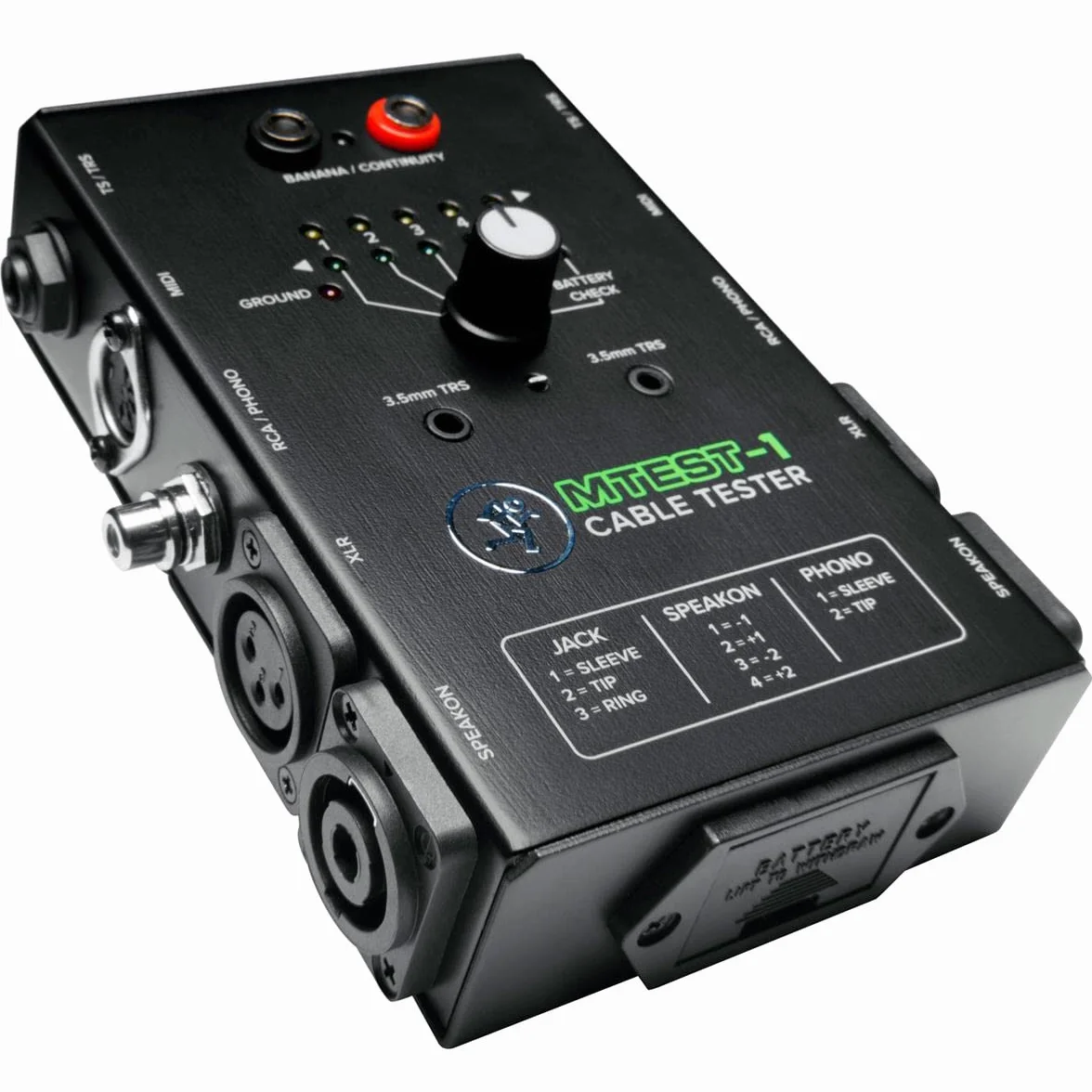 MACKIE Mtest-1 Tester per Cavi con Interruttore a 6 Pin e 7 Tipi di Connettore, Cavi TRS e TS da 1/4", TRS e TS da 1/8", XLR, RCA/Phono, Speakon, Midi e Banana