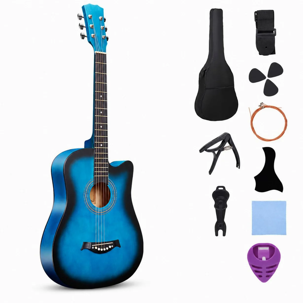 Acustica per Principianti, Kit Completo con 18 Design, Chitarra acustica 38 pollici, colore blu sfumato, con accessori
