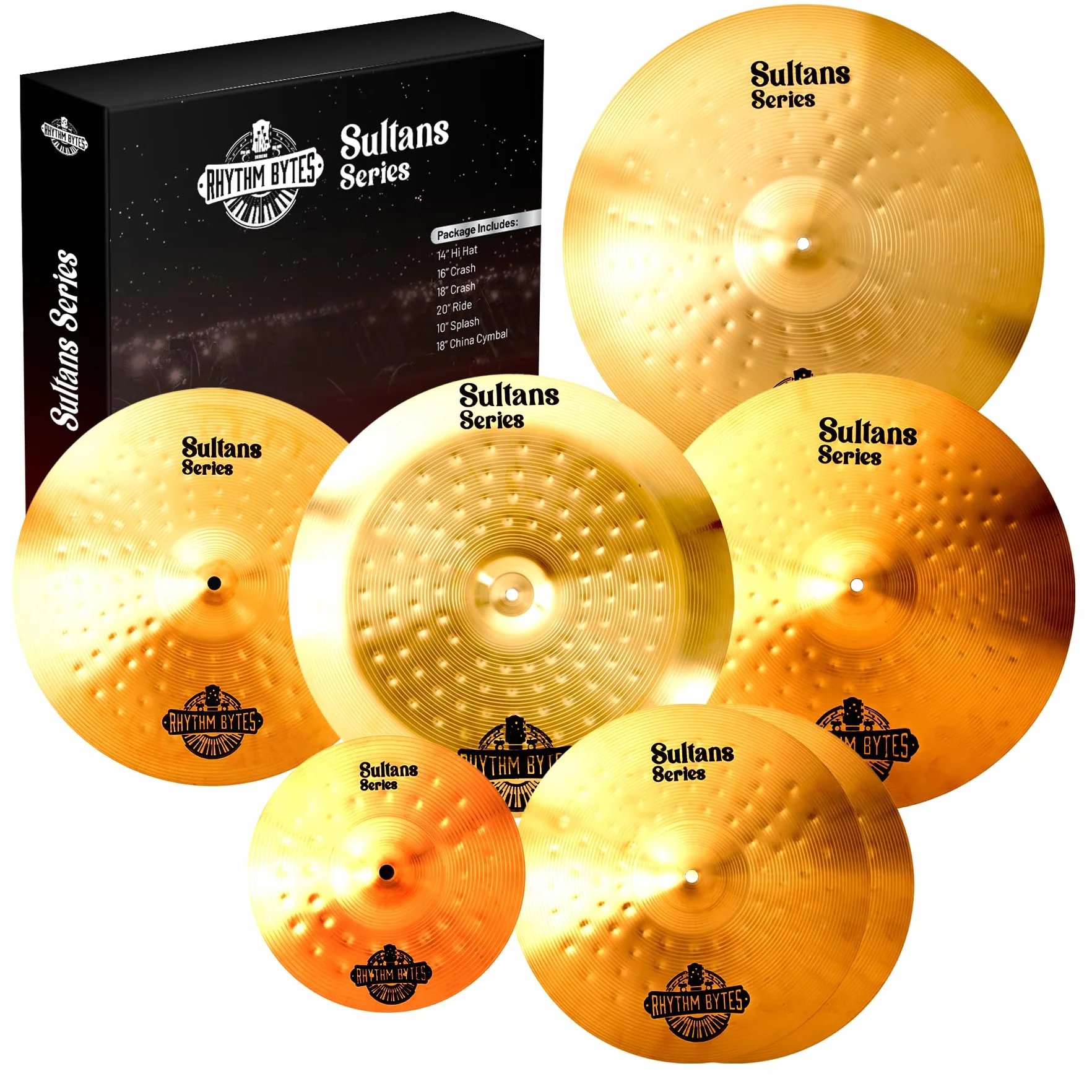 Rhythm Bytes Set di piatti per batteria | Nuova serie Sultans 7 pezzi piatti La confezione include 14" High-Hat, 16" Crash, 18" Crash, 20" Ride, Bonus 10" Splash e 18" China Cymbal