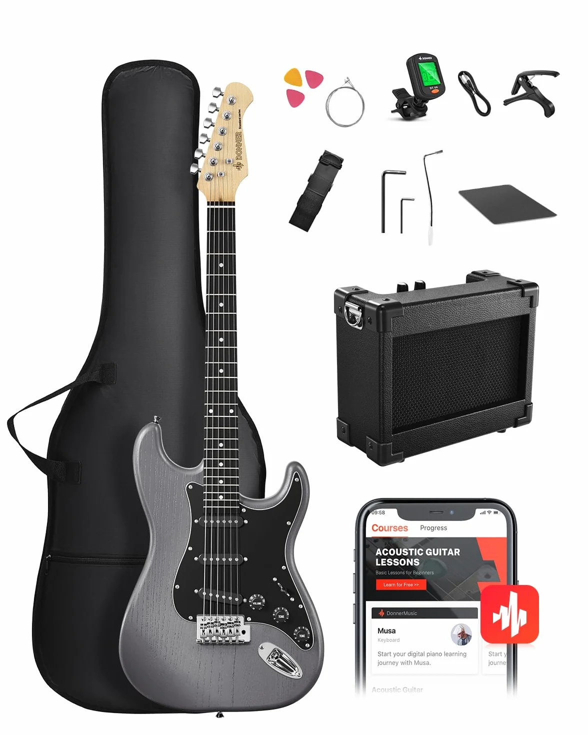 DONNER DST-80 E-Guitar Set Completo per Principianti da 39" con Amplificatore, Pickup SSS Classico, Include Gig Bag, Accordatore, Capotasto, Cinghia, Plettri e Lezioni Online Gratuite