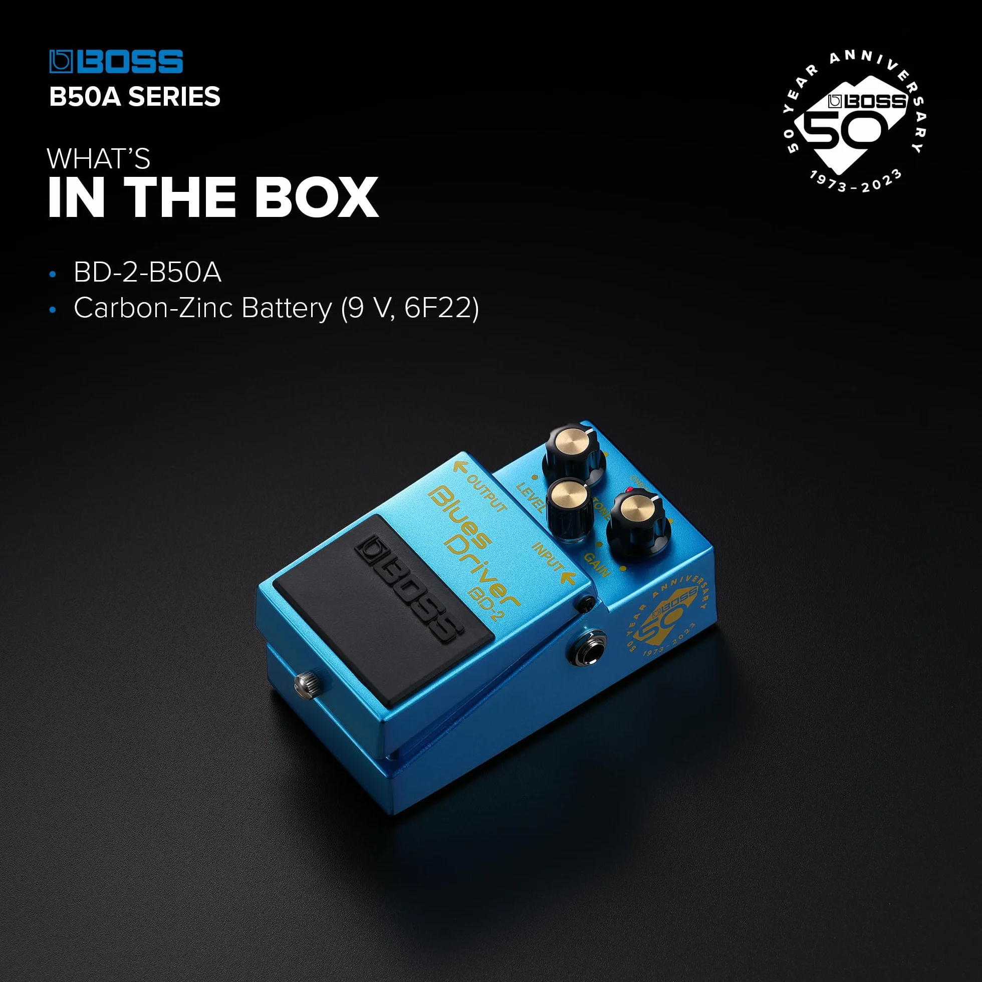 Pedale BOSS BD-2-B50A Blues Driver | Pedale Compatto in Edizione Limitata per il 50° Anniversario | Finitura Metallizzata, Vite in Argento, Manopole Dorate ed Emblema del 50° Anniversario