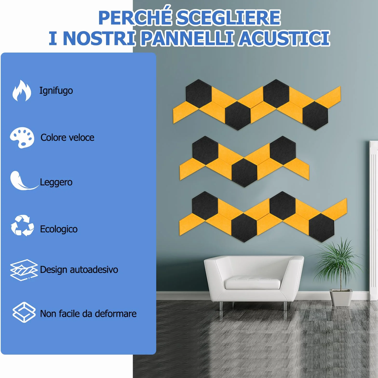 GUUSII HOME Pannelli Fonoassorbenti Pareti 30x25.5cm Esagonali Antirumore Poliestere Acustico 12 Pezzi Azzurro Cielo