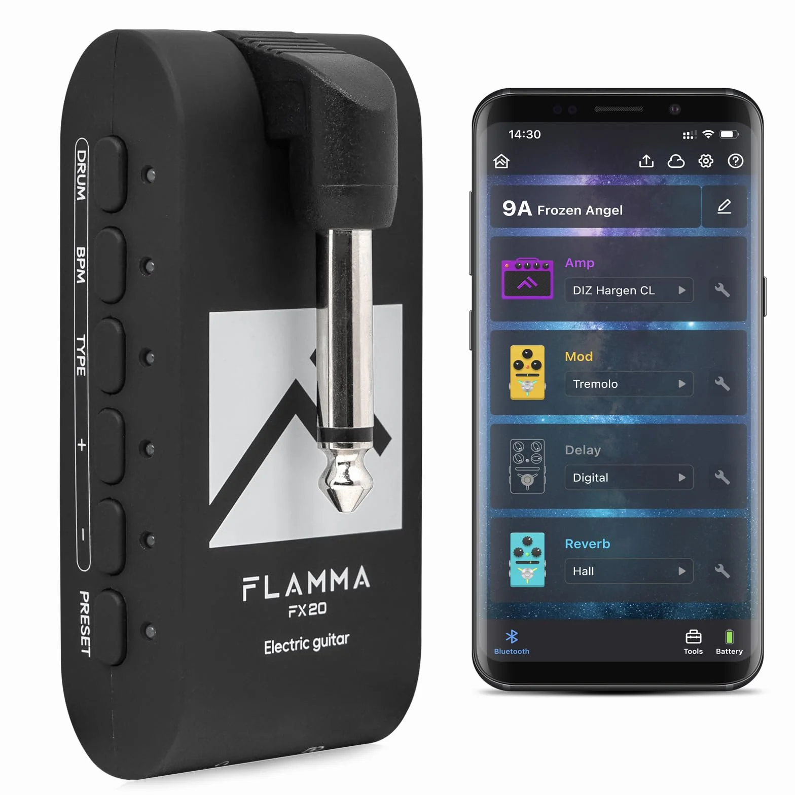 FLAMMA FX20 Amplificatore per cuffie per chitarra con APP 40 scanalature per batteria 52 modalità Amp 5 ritardo 5 effetti di riverbero 14 modulazioni per la registrazione pratica e la creatività