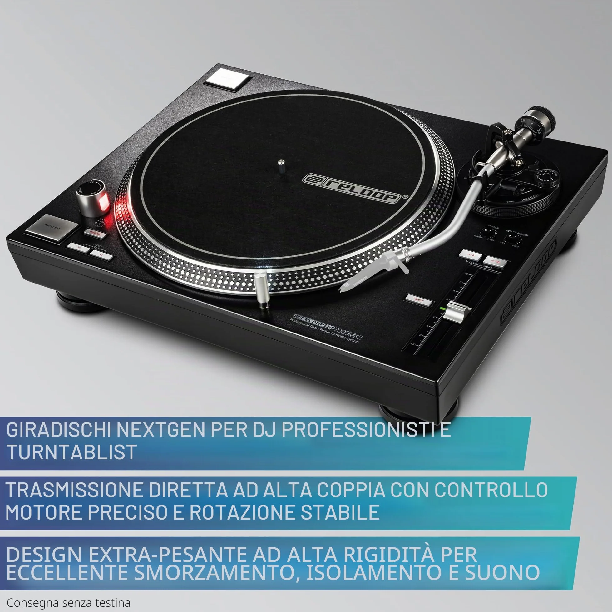 Reloop RP-7000 MK2 - Giradischi professionale per DJ con trasmissione diretta Upper Torque Quartz, nuova base del braccio, regolabile in altezza