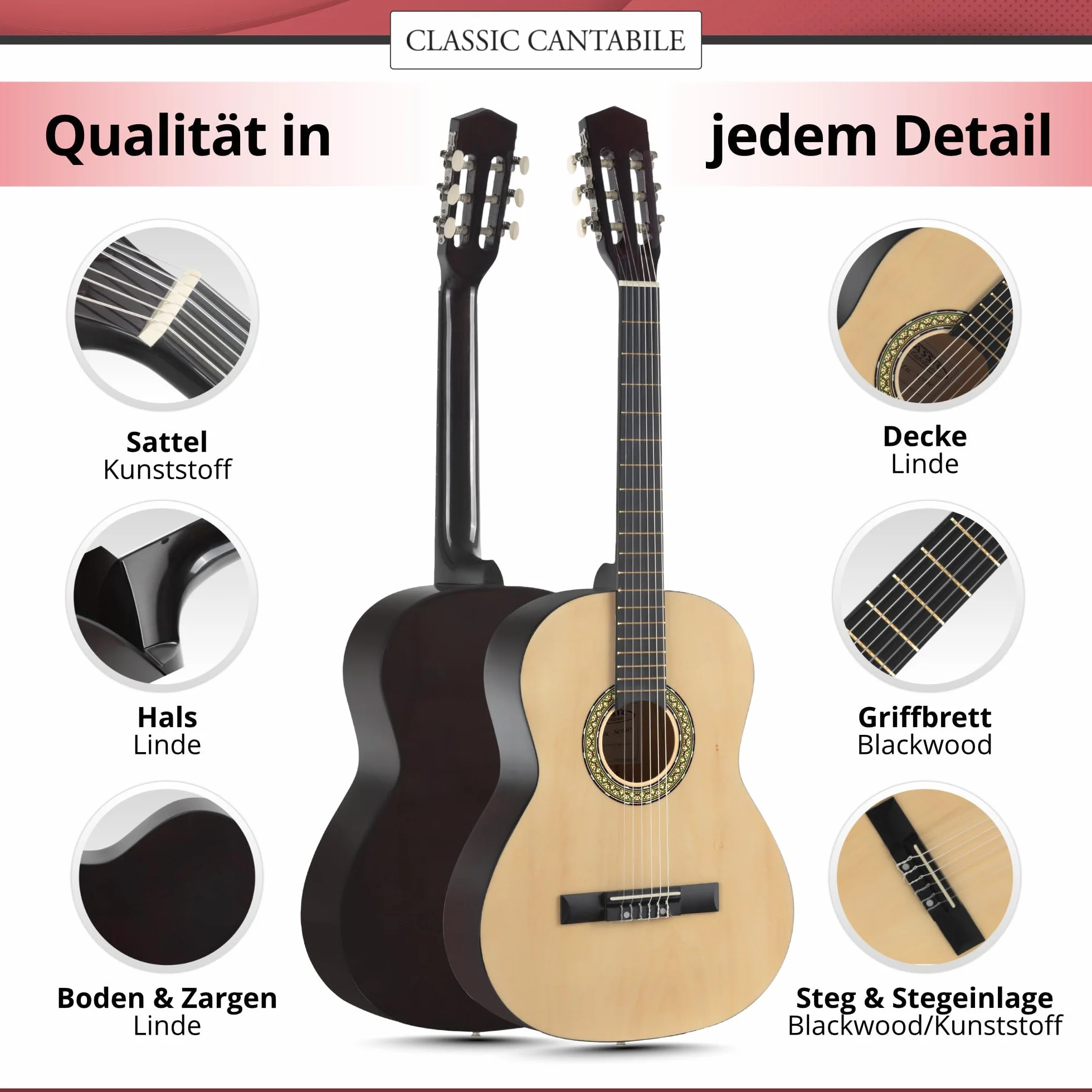 Classic Cantabile Acoustic Series AS-851-L Chitarra Classica 7/8 per Mancini Starter-SET (chitarra da concerto, borsa/custodia, scuola, CD, DVD, plettro, corde, diapason) naturale