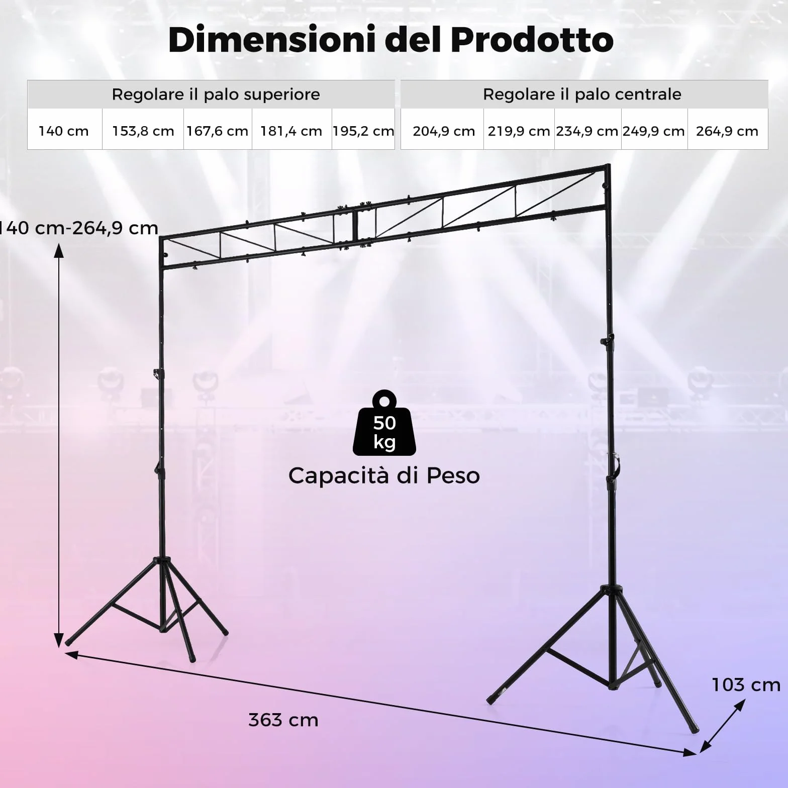 COSTWAY Supporto Luce a Traliccio, Traliccio Luci Regolabile in Altezza 140-264,9 cm con Piedini Antiscivolo, Treppiede Stabile in Ferro, Portata 50 kg, Pieghevole per Palco, Eventi, Feste e Concerti