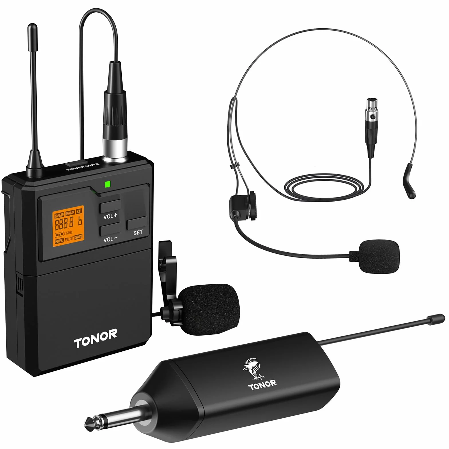 TONOR Microfono Wireless UHF con Archetto e Lavalier Lapel Mic, Bodypack Trasmettitore e Ricevitore Ricaricabile, 60M