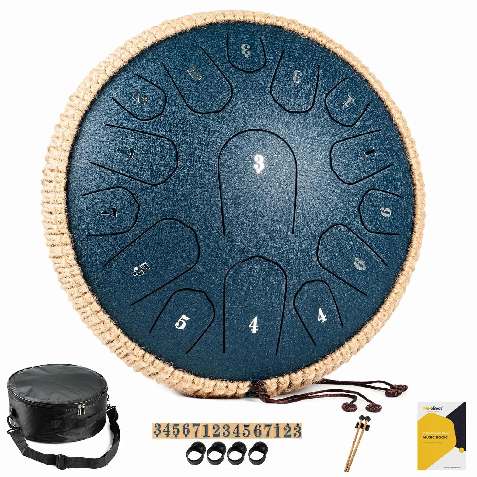 MeloBeat Steel Tongue Drum Handpan - Tamburo in Acciaio 13 Pollici 15 Note - Set Professionale di Tamburi a Lingua in D Maggiore Incluso Libro delle Canzoni per Tamburo con Custodia (Blu Scuro)