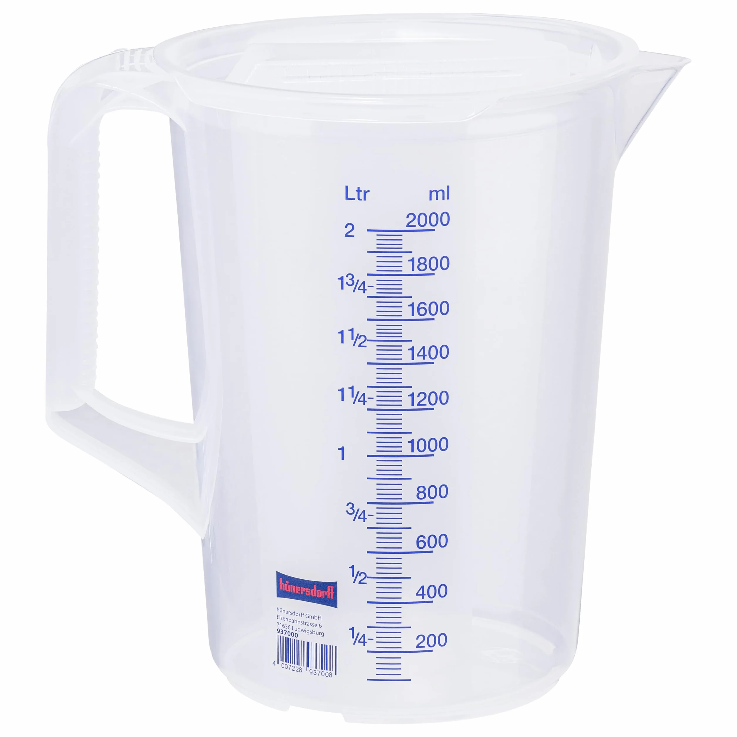 Hünersdorff Caraffa dosatrice 2l | polipropilene (PP) | infrangibile e lavabile in lavastoviglie | manico chiuso | scala blu | made in Germany