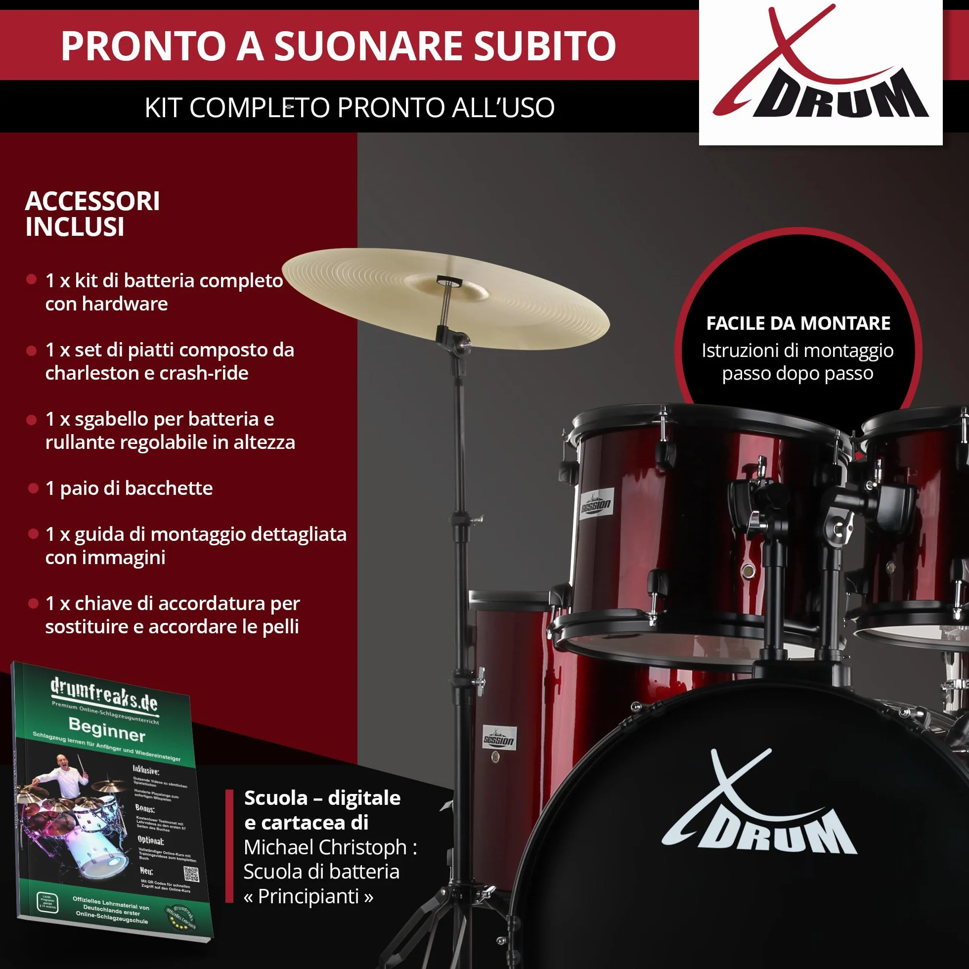 XDrum Rookie 22" Standard Set Batteria Completa Ruby Red - Ideale per Principianti - Hardware Elegante in nero - Incl. Bacchette 5B, Istruzioni di Montaggio e Scuola di Batteria - Rosso