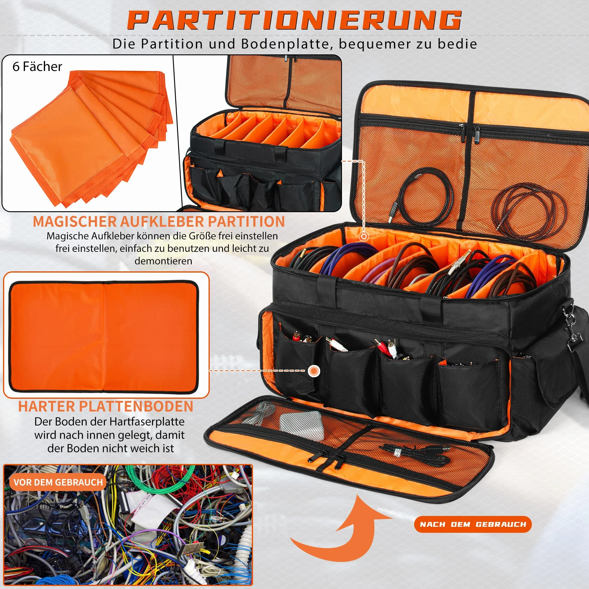 OUUTMEE Borsa per DJ, borsa portacavi, per attrezzatura musicale, 50 x 30 x 30 cm, fondo imbottito rimovibile e divisori, per attrezzatura DJ professionale, strumenti musicali e accessori
