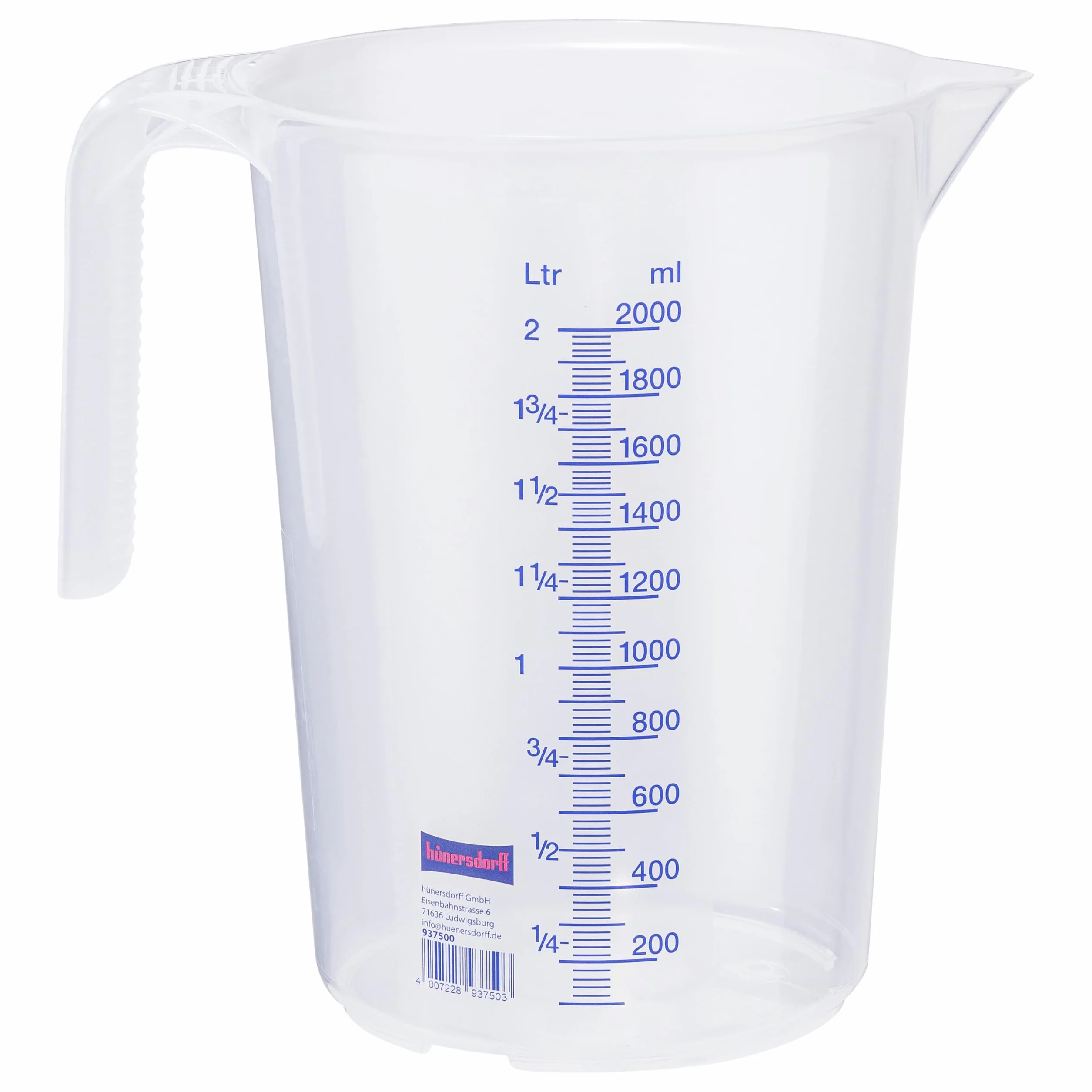 hünersdorff Caraffa graduata da 2.000 ml, PP, 2 scale Manico aperto, trasparente, impilabile