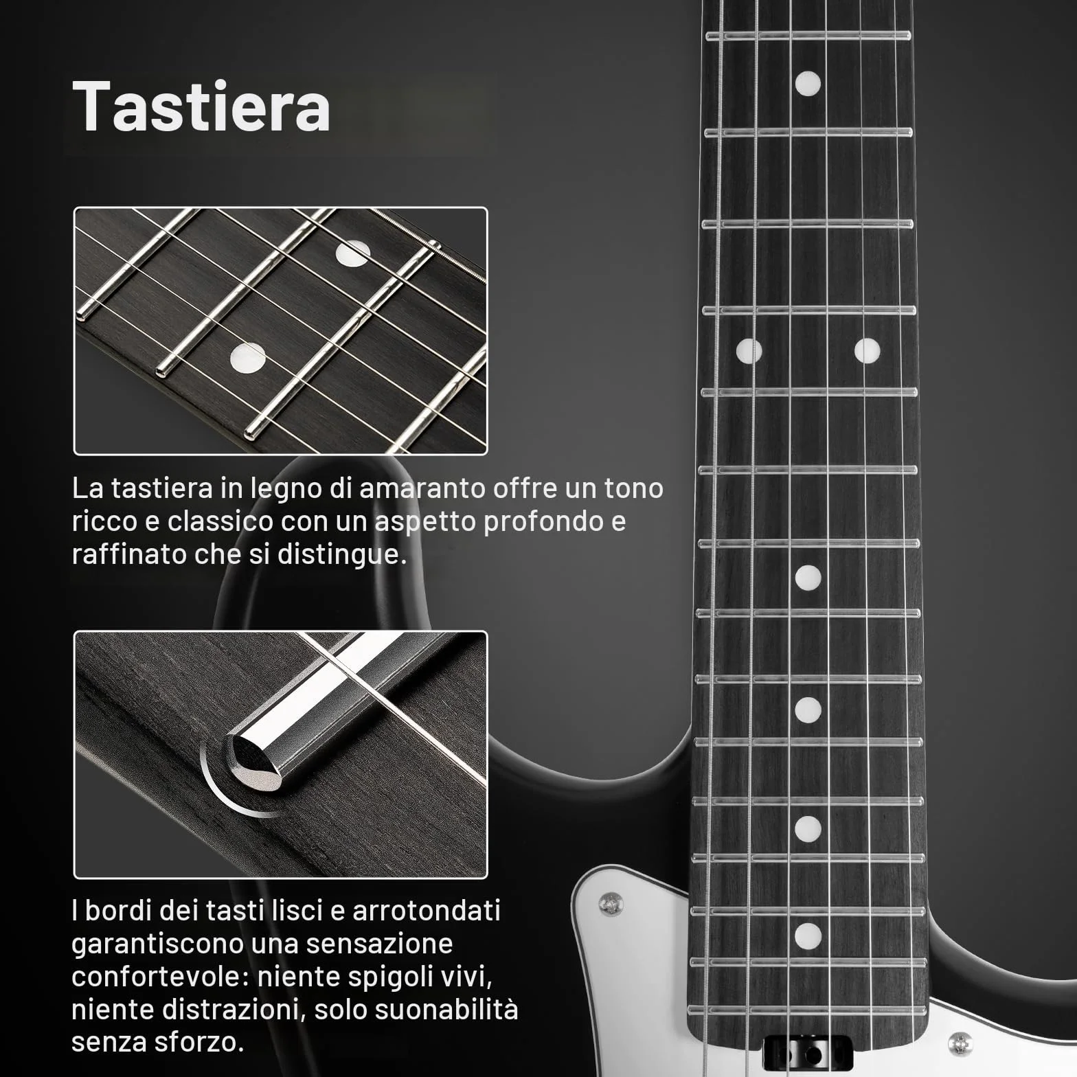 SONICAKE Chitarra Elettrica 39" Full-Size con Pickup Classici SSS, Corpo Leggero, Ponte Tremolo, Tasti Arrotondati e Truss Rod Regolabile QGT-10 (Nero)