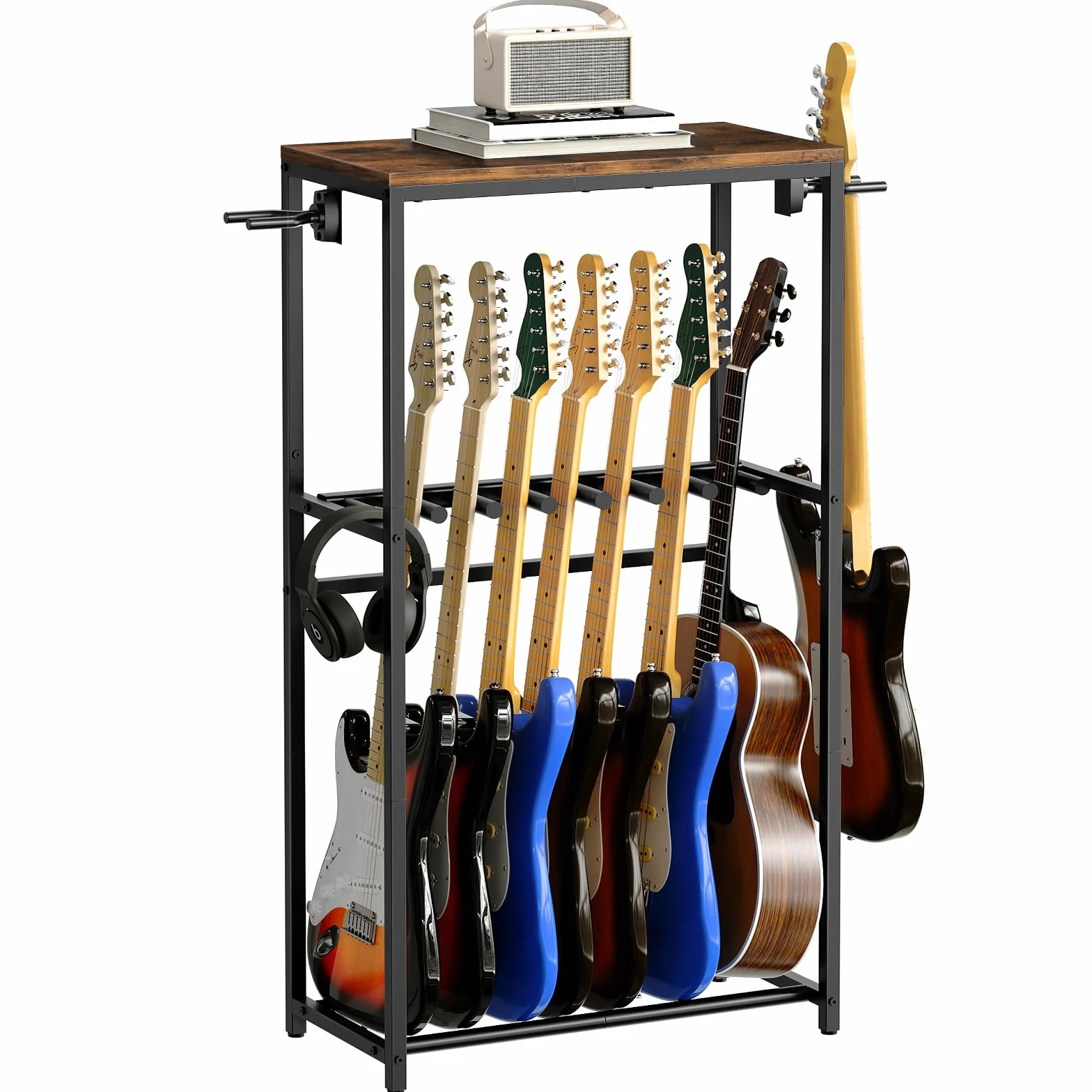 MAHANCRIS Supporto Porta Chitarre a 2 Livelli per 7 Strumenti, Chitarre Acustica, Elettrica, Bass, Ukulele, Banjo, Protezione in EVA, Marrone Vintage e Nero AGSHR6701