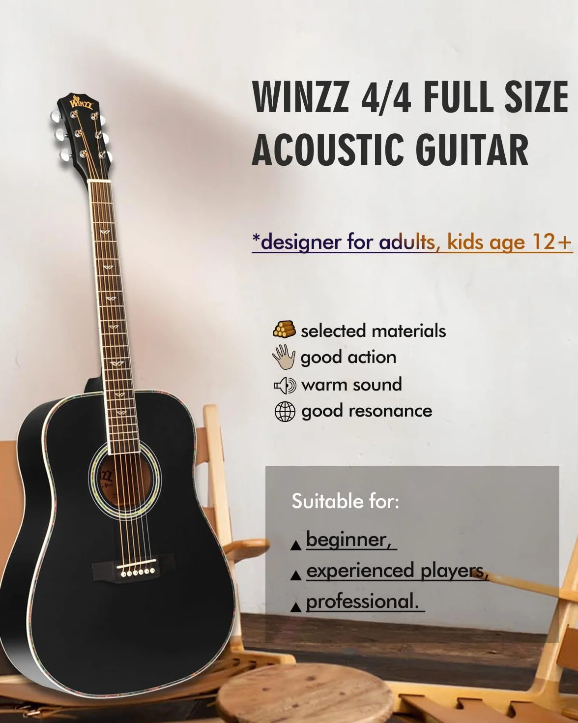 Winzz Chitarra Acustica 4/4 Adulti Principianti, Chitarra per Bambini 12+ Anni, Nero Chitarra Folk Kit 8 Accessori con Corde d'acciaio, Accordatore, Tracolla, Supporto, Custodia (41" Dreadnought)