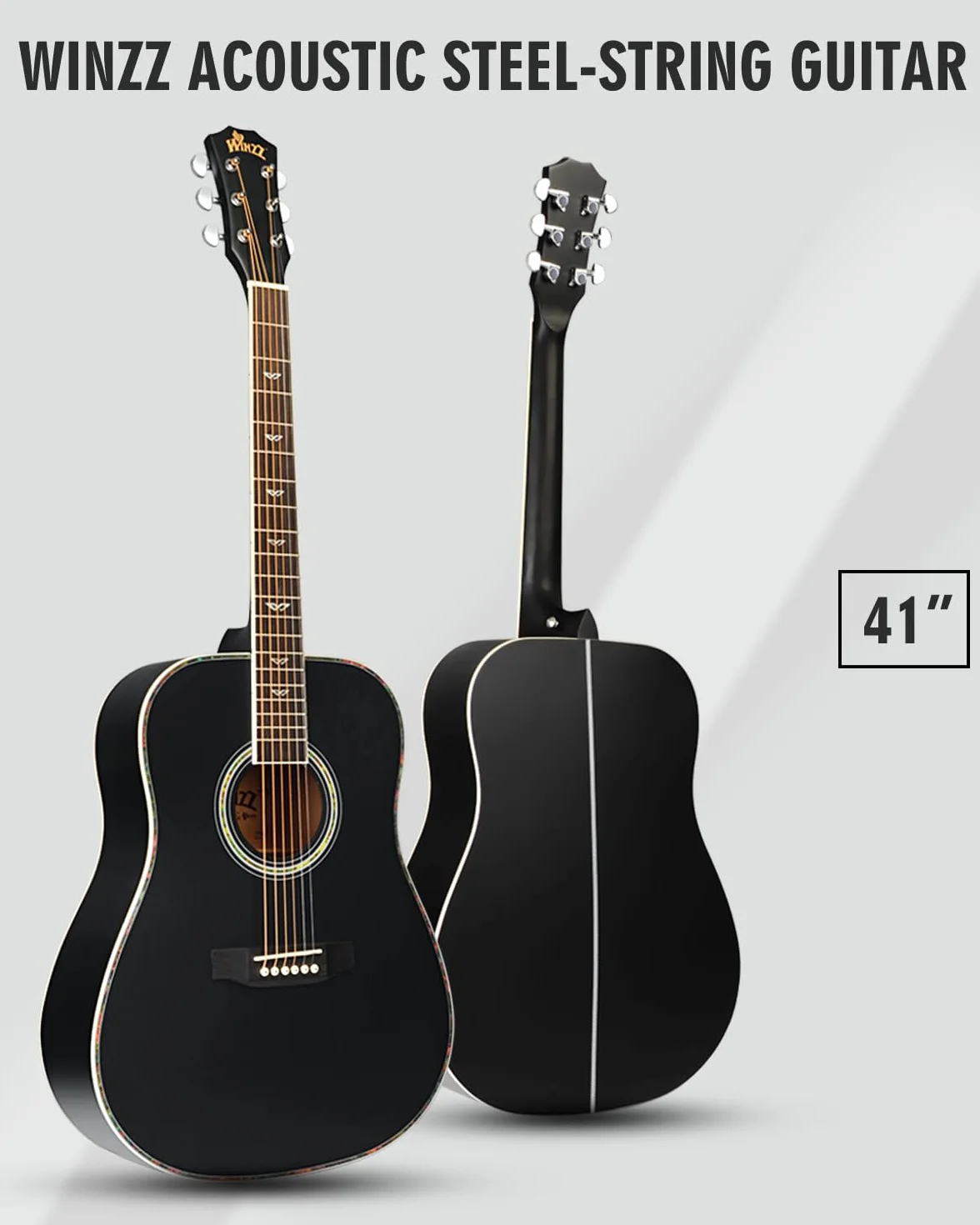 Winzz Chitarra Acustica 4/4 Adulti Principianti, Chitarra per Bambini 12+ Anni, Nero Chitarra Folk Kit 8 Accessori con Corde d'acciaio, Accordatore, Tracolla, Supporto, Custodia (41" Dreadnought)