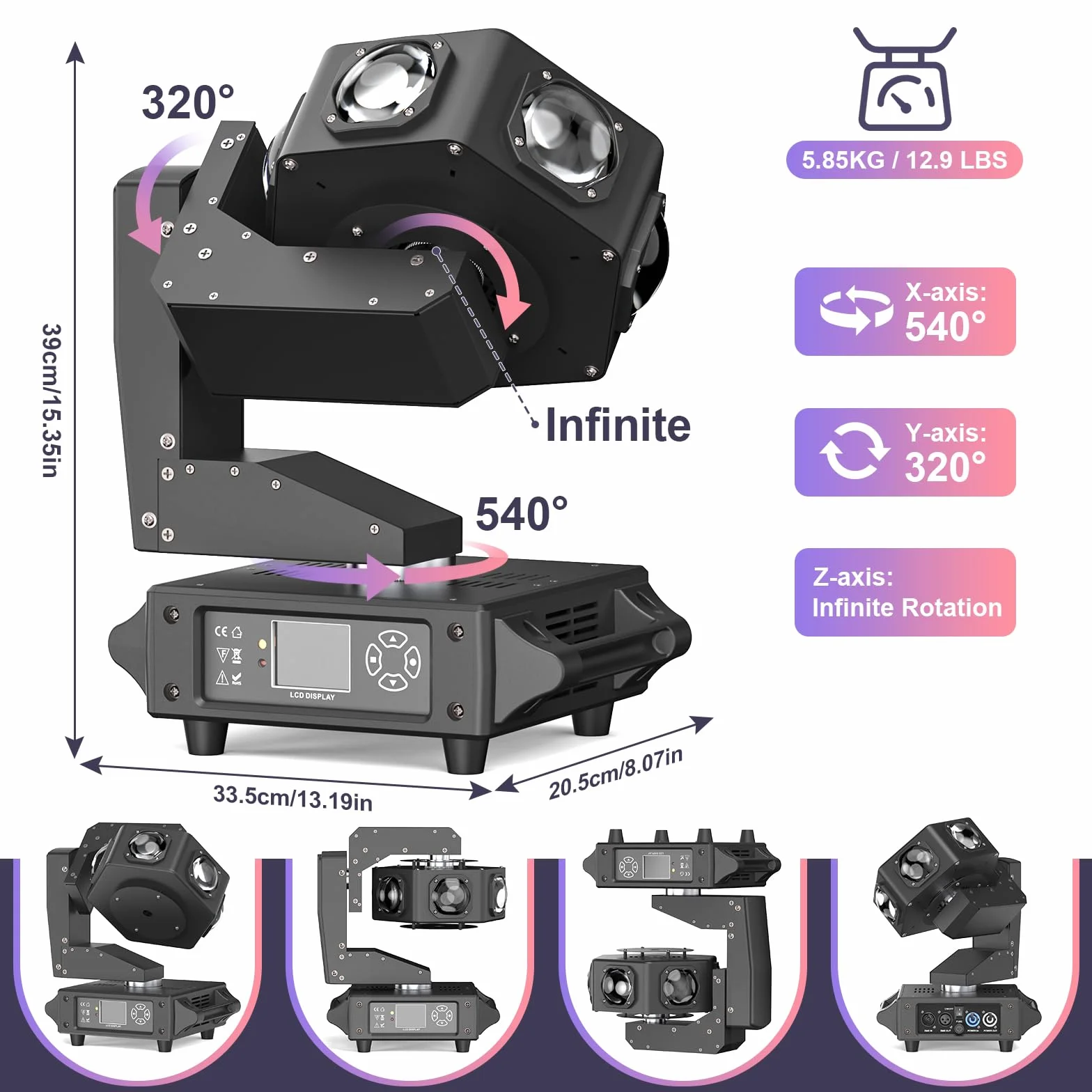 240W Teste Mobili Beam Luci Discoteca LED RGBW 3 assi Luce Rotazione infinita Faretto Moving Head per DJ Discoteca Natale Club Spettacolo Bar Festa Palcoscenico