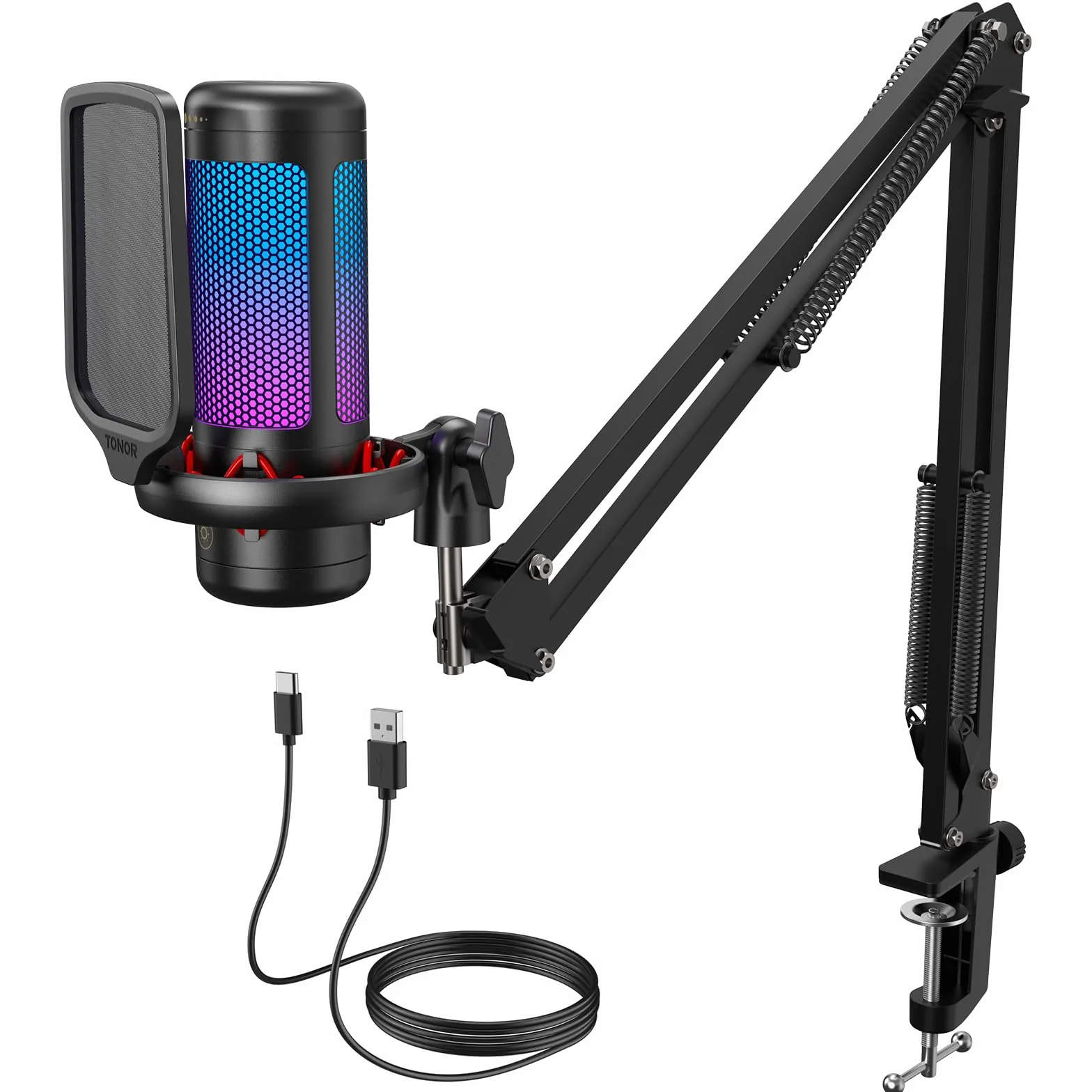 TONOR Gaming Microfono TC310+, USB Microfono a Condensatore Cardioide con RGB, Braccio Regolabile