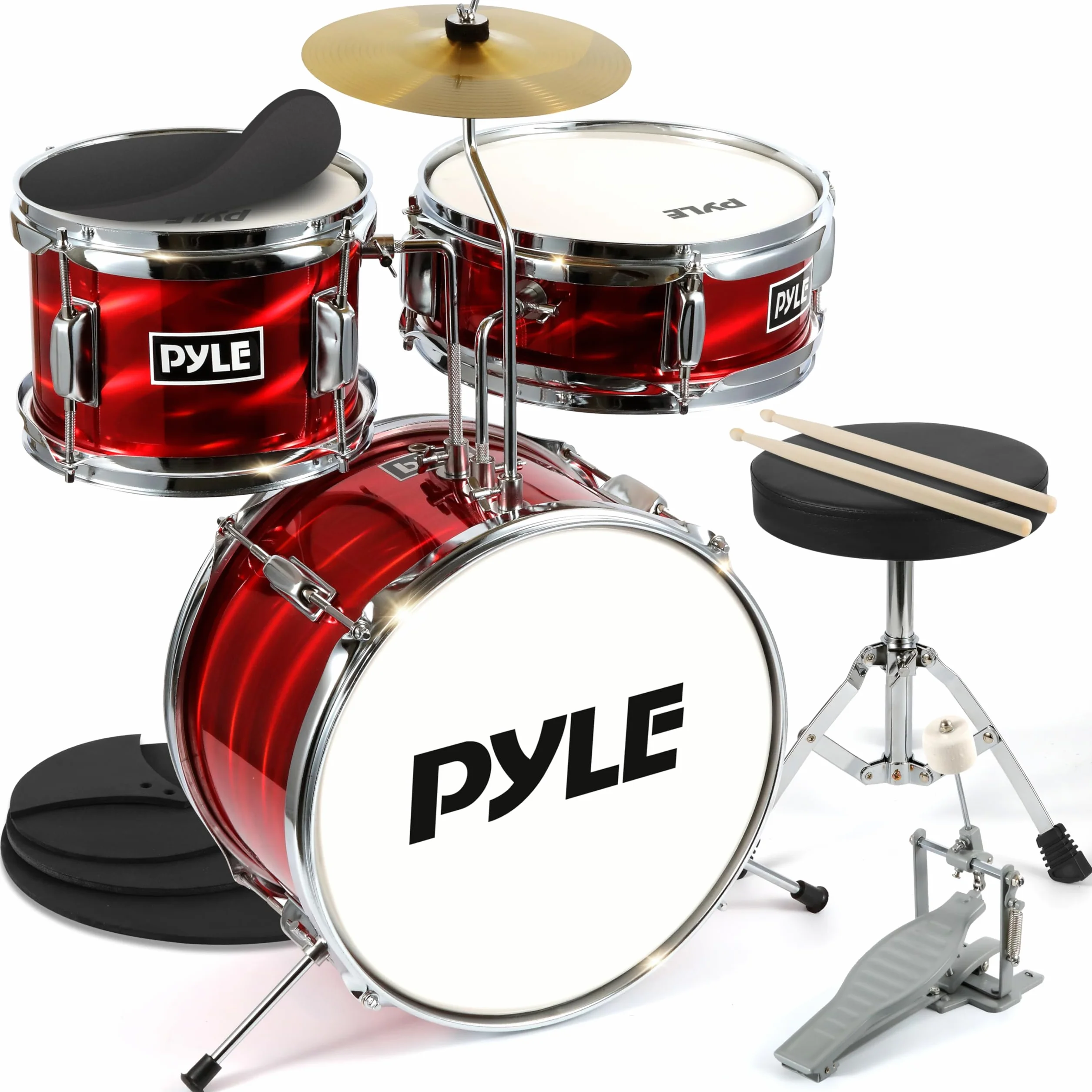 Pyle Set di Batteria per Bambini, Kit Iniziale 3 Pezzi con Grancassa da 33 Centimetri, Rullante, Tom, Piatti e Bacchette Batteria