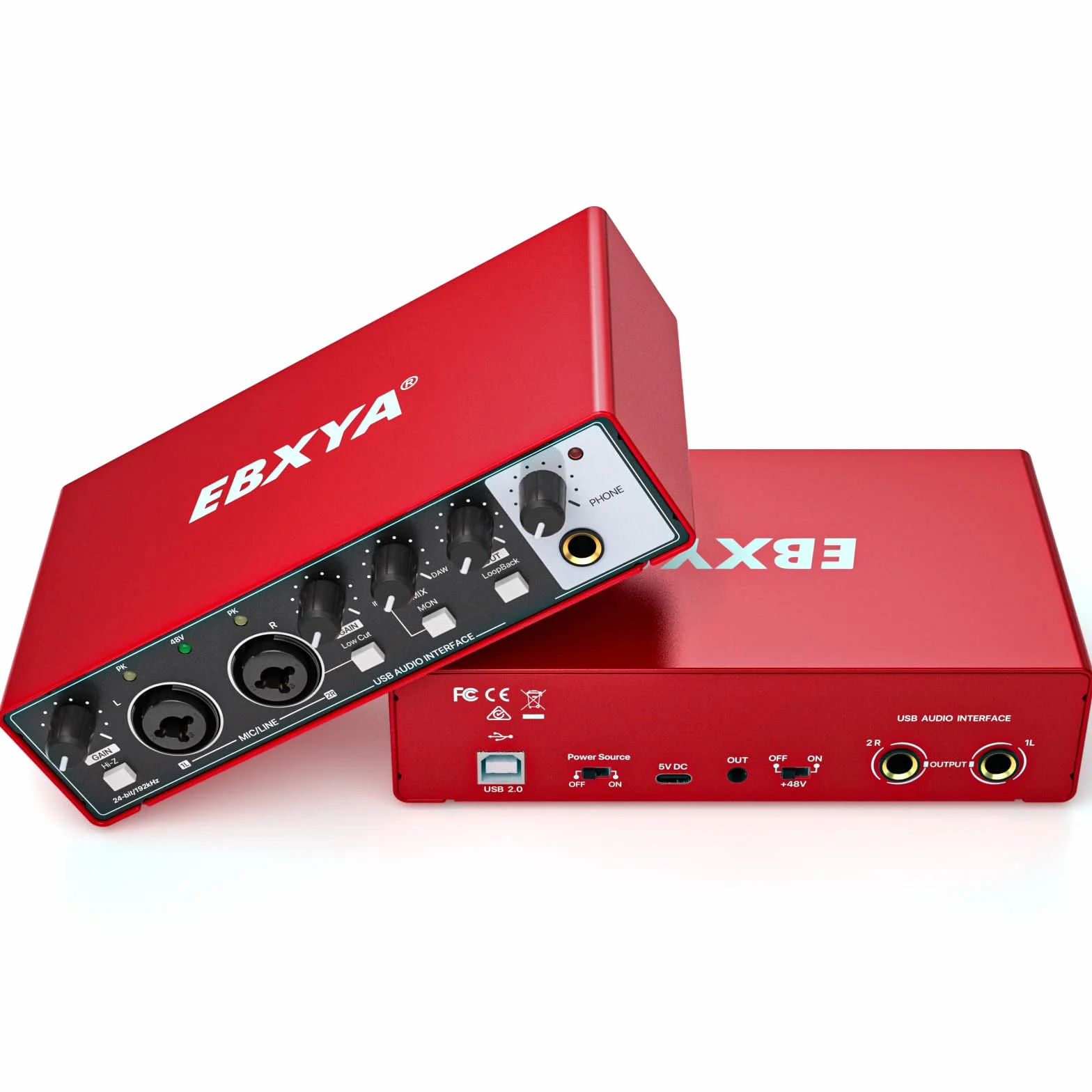 Scheda Audio Esterna, EBIXA Audio Interfaccia USB Nero per PC, 24-Bit/192kHz Mixer Audio Professionale, USB-C Audio Interface con Preamplificatori, 48V Phantom Alimentazione(Rosso)