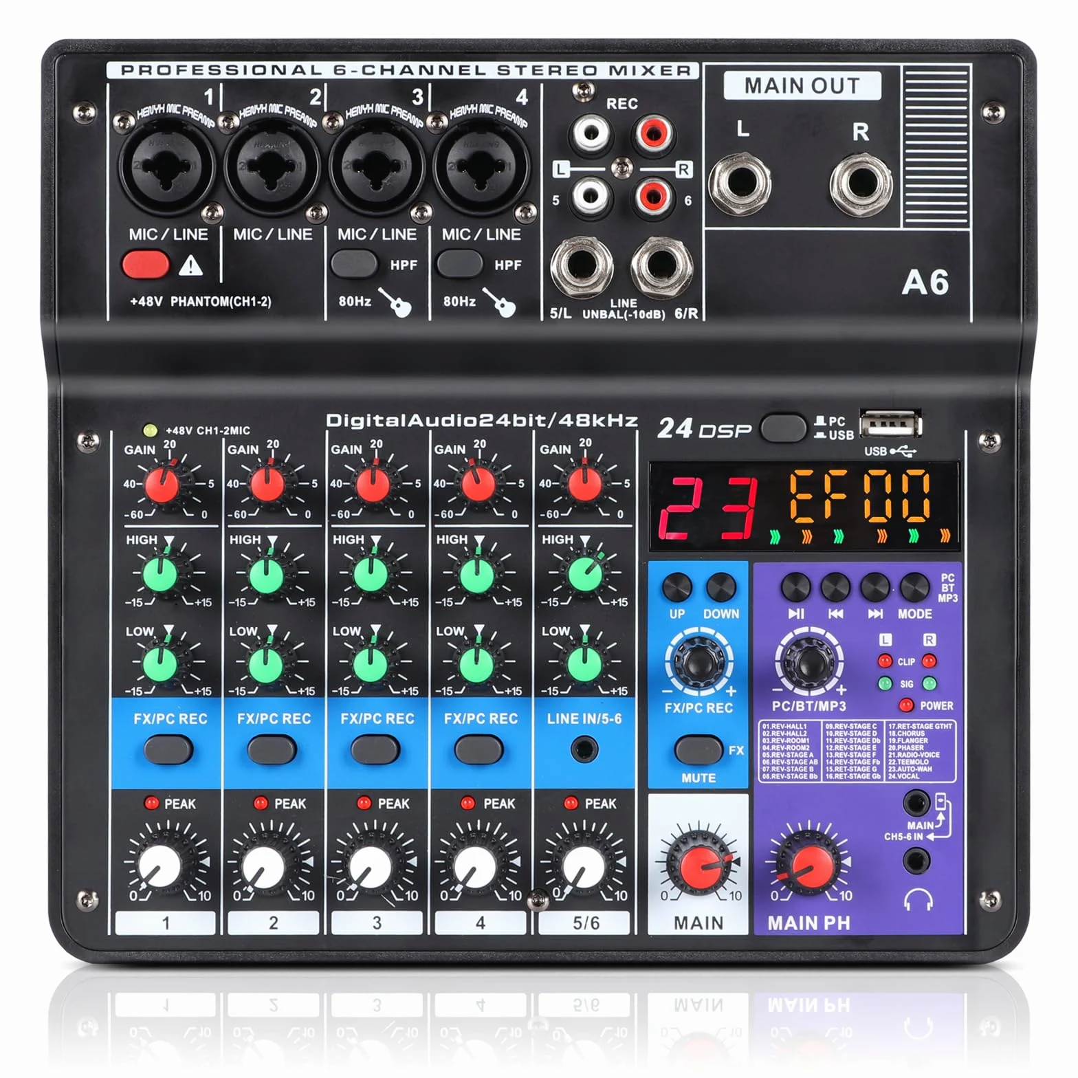XTUGA A6 Mixer Mixer Audio 6 Canali, Console Mixer USB Con Bluetooth e Alimentazione Phantom 48V, Funzione Loop, Adatto per spettacoli, riunioni e trasmissioni in diretta