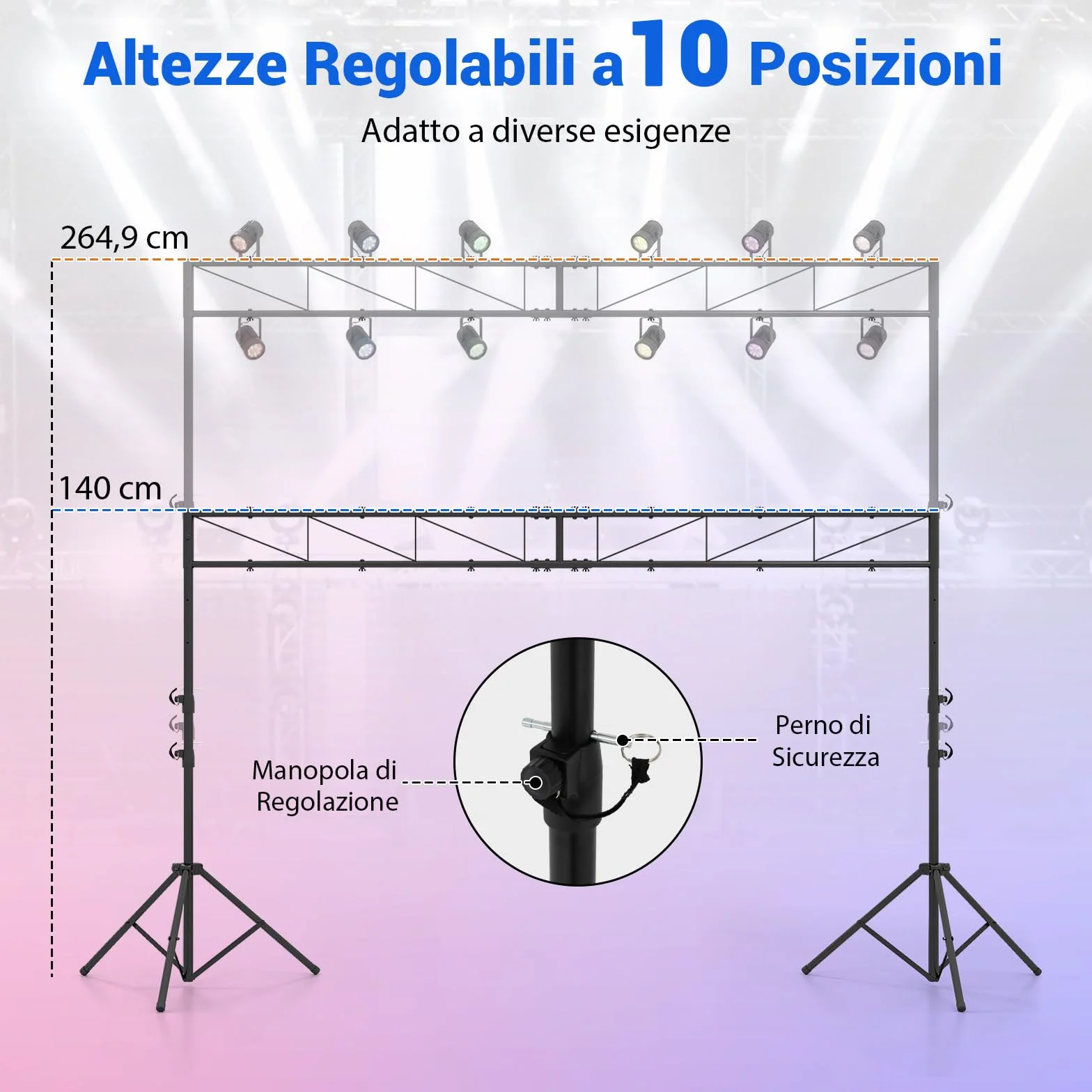 COSTWAY Supporto Luce a Traliccio, Traliccio Luci Regolabile in Altezza 140-264,9 cm con Piedini Antiscivolo, Treppiede Stabile in Ferro, Portata 50 kg, Pieghevole per Palco, Eventi, Feste e Concerti
