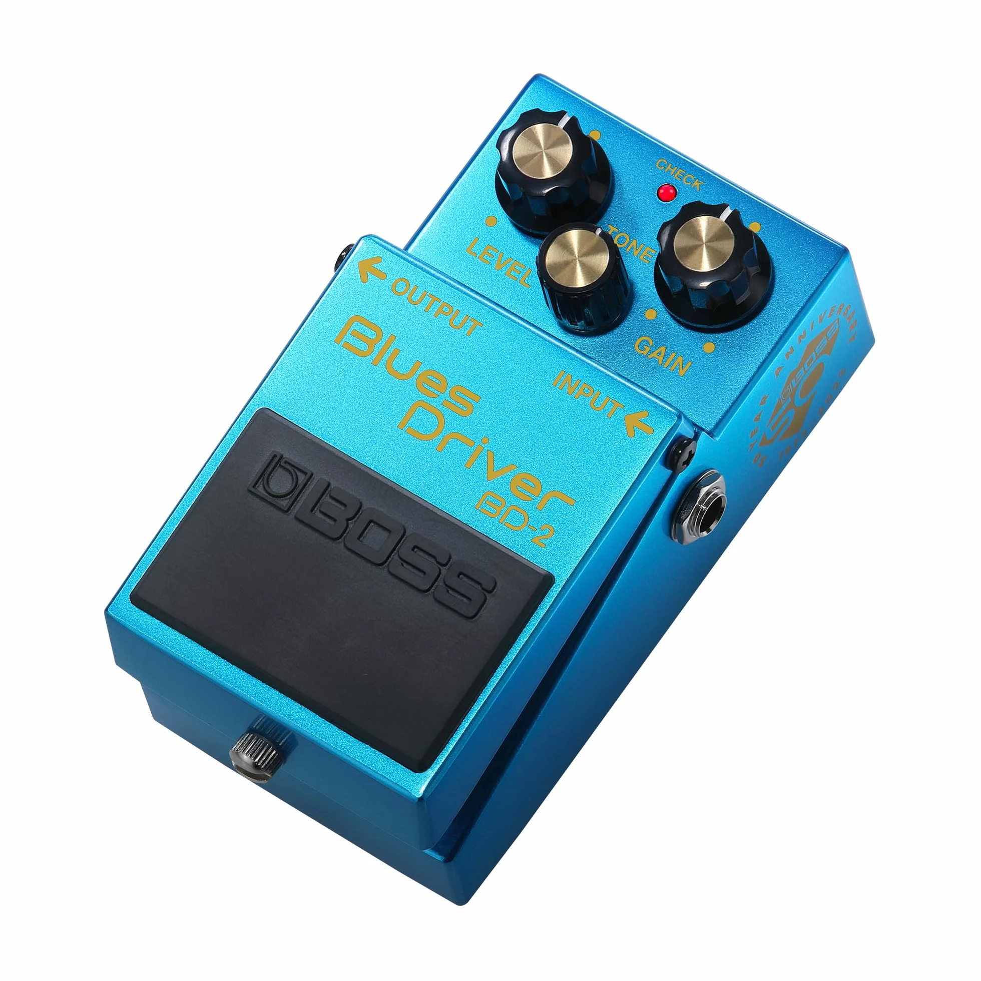 Pedale BOSS BD-2-B50A Blues Driver | Pedale Compatto in Edizione Limitata per il 50° Anniversario | Finitura Metallizzata, Vite in Argento, Manopole Dorate ed Emblema del 50° Anniversario