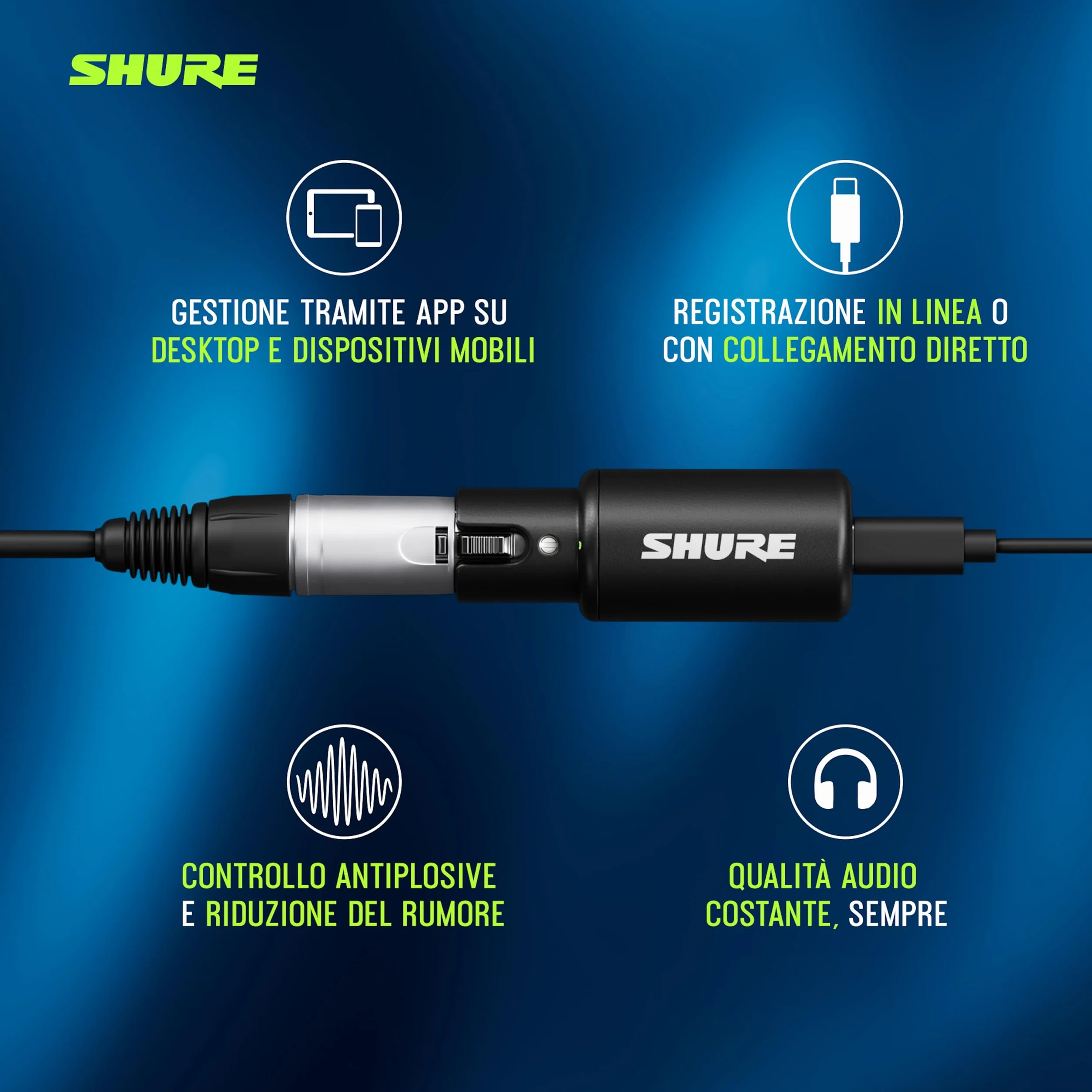 Interfaccia audio digitale Shure MVX2U Gen 2, adattatore da XLR a USB per microfoni, per la registrazione di contenuti, elaborazione digitale, compatibile con Mac e Windows, dispositivi iOS e Android