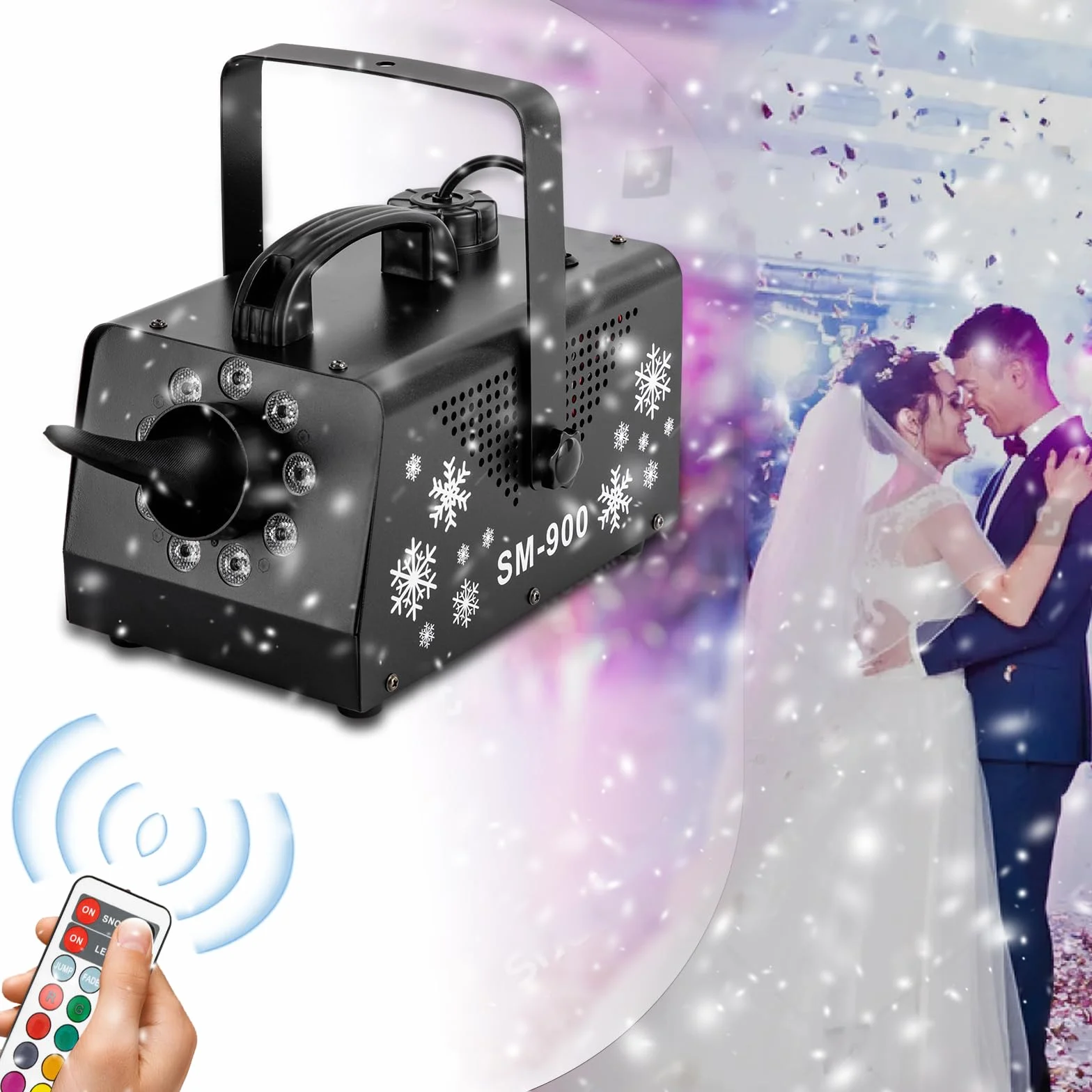 Macchina da neve da 1200 W con telecomando, portatile, macchina per effetti, luci LED RGB per Halloween, Natale, feste, ecc