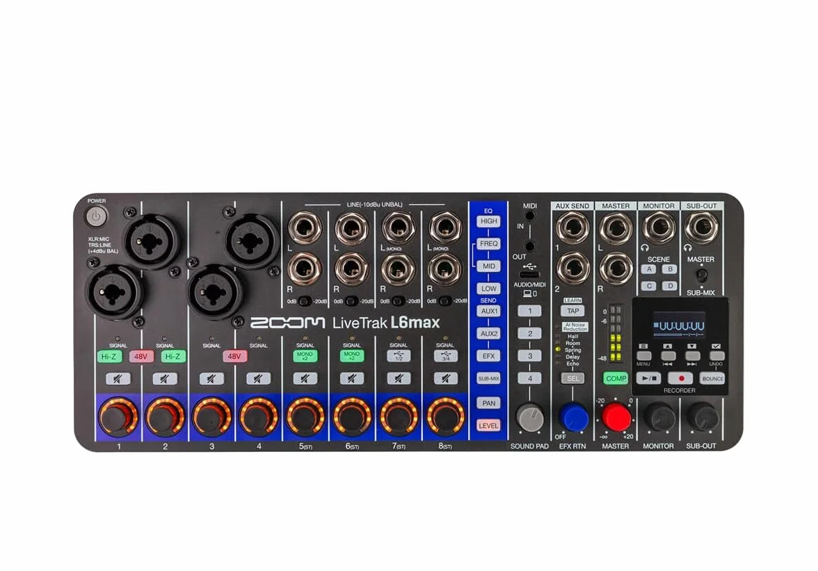 Zoom - L6max LIVETRACK, mixer a 12 canali, 4 ingressi microfonici 32 bit, registrazione su scheda SD, modalità Bounce, schermo OLED, MIDI, riduzione del rumore AI per musica, streaming, podcasting