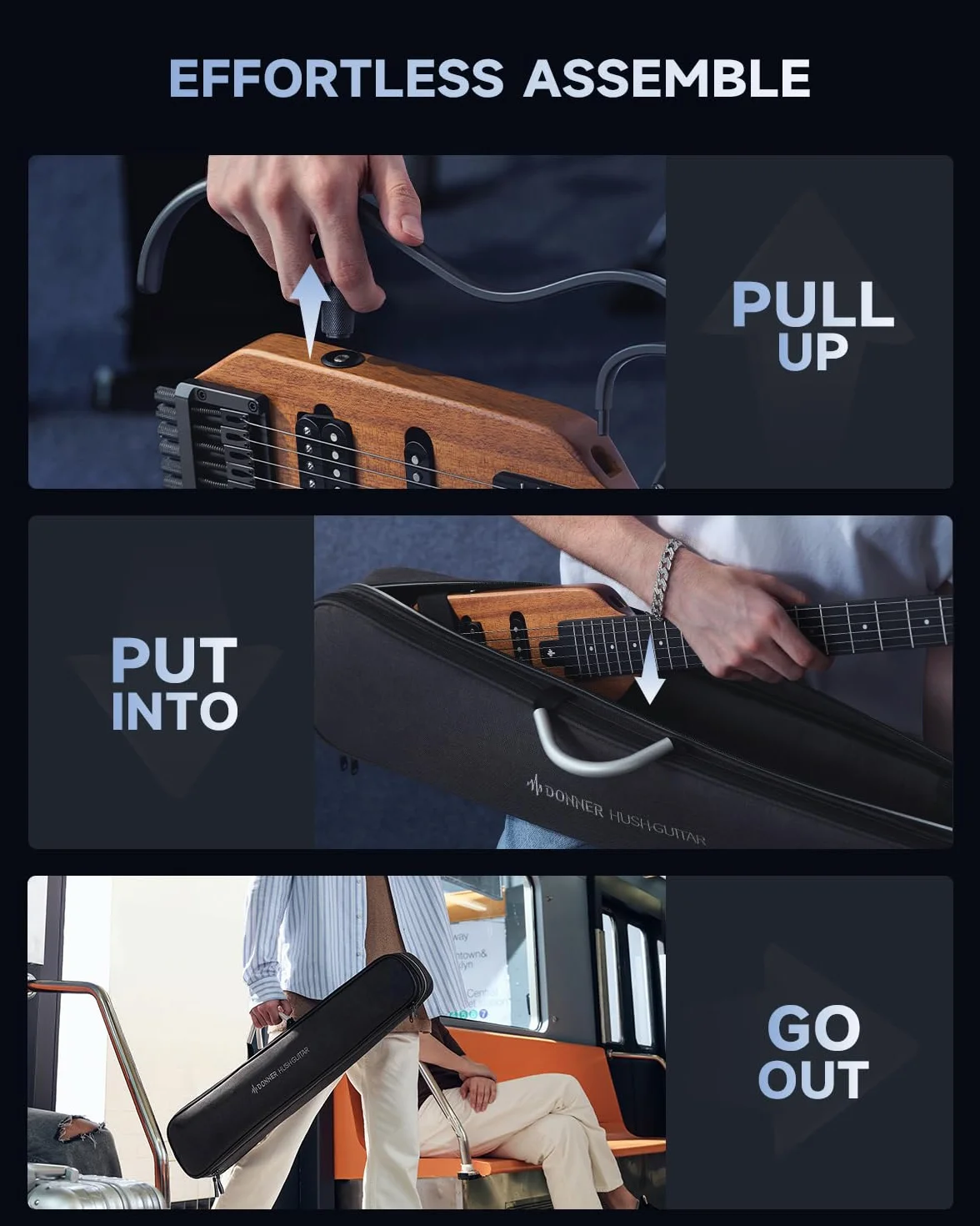 Donner HUSH-X - Kit per chitarra elettrica - Chitarra Headless Leggera, Ottima per Viaggiare e Allenarsi, Corpo in Mogano Massiccio con Telai Facili da Montare, Custodia, Tutti gli Accessori, Naturale