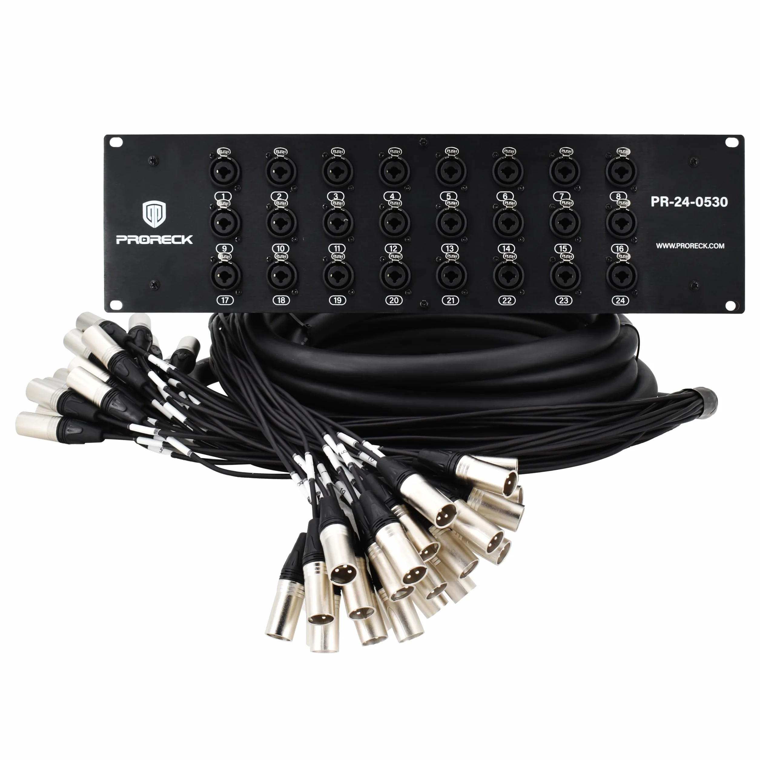 PRORECK Cavo a serpente splitter TRS XLR combinato per montaggio su rack, adatto per live, registrazione, palco, studio (1,5 m x 9,6 m - 24 canali) PR-24-0530