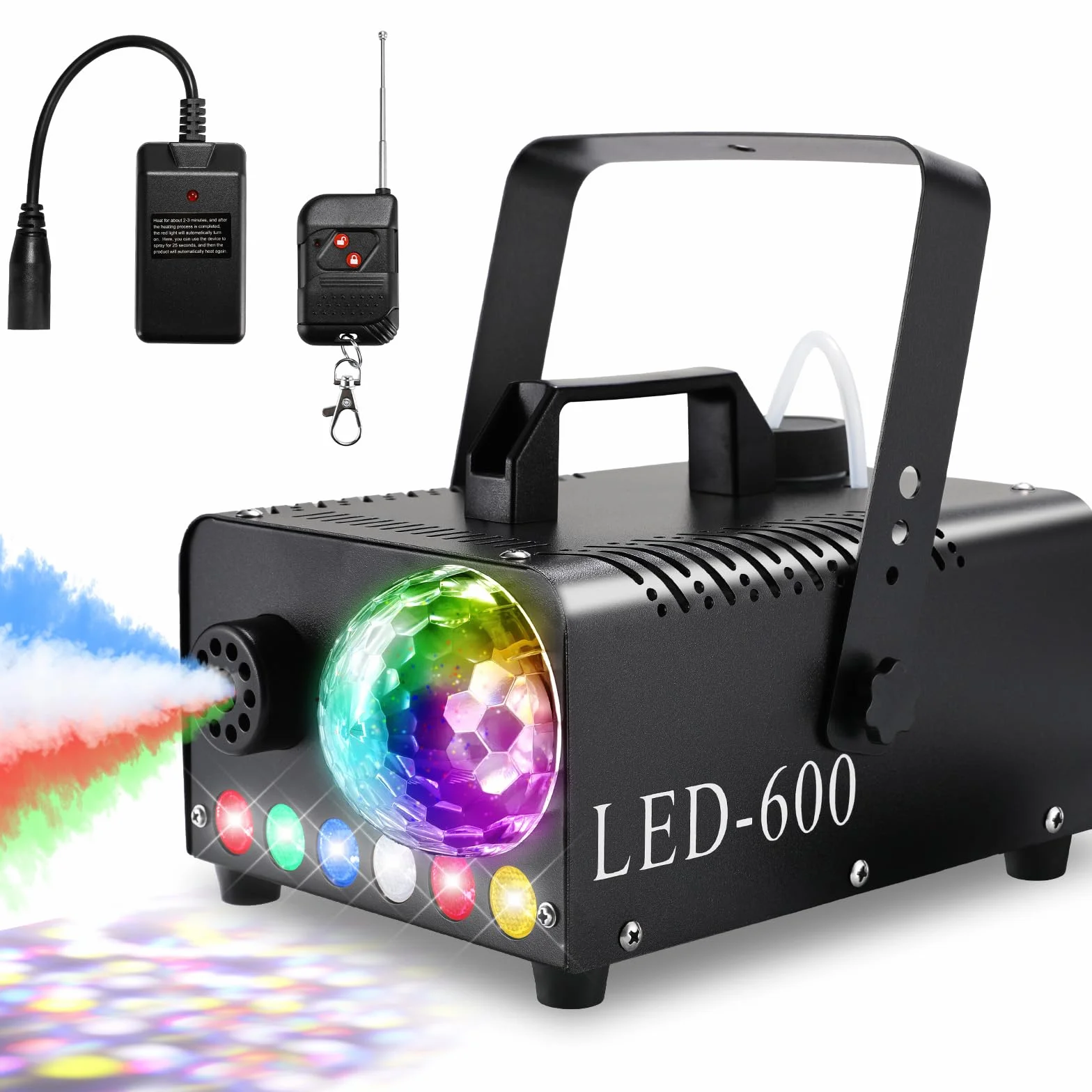 Macchina del Fumo con Sfera da Discoteca, 6 LED RGB, 600W Fumo Halloween, 5000 CFM Spray, Macchina per Nebbia con Funzione Automatica Spray, Telecomando Wireless, Ideale per Halloween, Natale e Feste