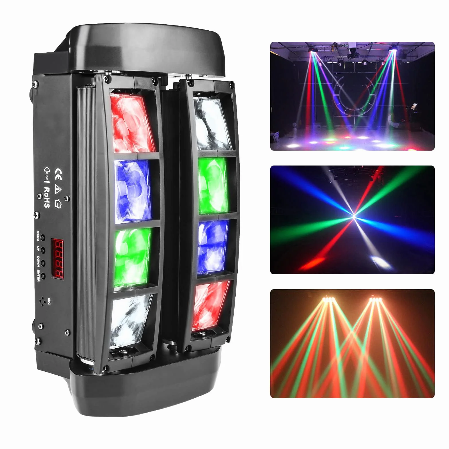 Luci dell'arcobaleno della discoteca, luci del partito della testa mobile della fase di 8 LED, luce del fascio di spazzatrice del ragno attivata suono