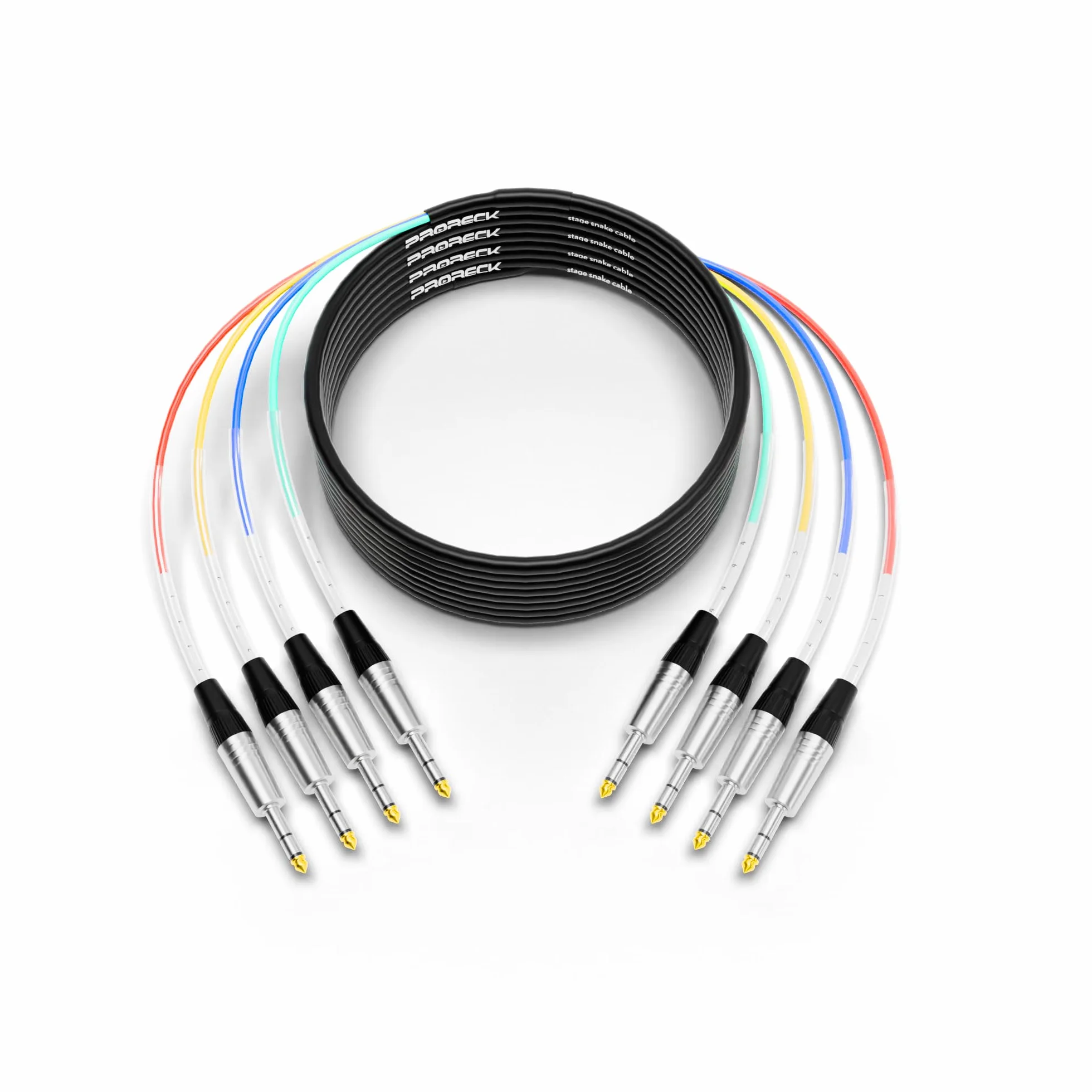 PRORECK Cavo a serpente da 7,6 m, cavo audio schermato a 4 canali, TRS da 1/4" a TRS da 6,35 mm, con connettori contrassegnati a colori per palcoscenico professionale, studio e live (PR-TRS/TRS-4 x