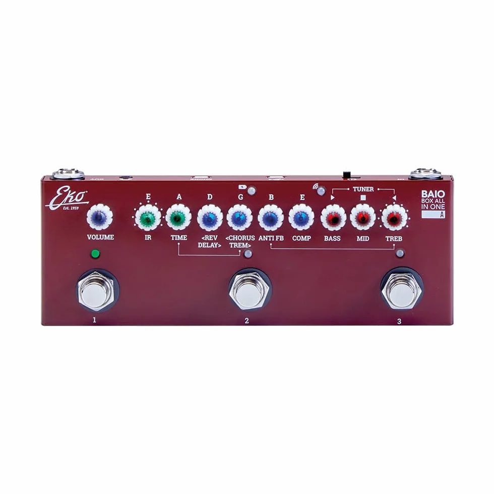 EKO GUITARS - BAIO A PEDALE MULTIEFFETTO CON IR INTEGRATI PER CHITARRA ACUSTICA, CLASSICA E BASSO ACUSTICO, 8 IR, Controlli Tono, Compressore, 2 Eff. Modulazione, 2 Eff. Ritardo, Live/Preset