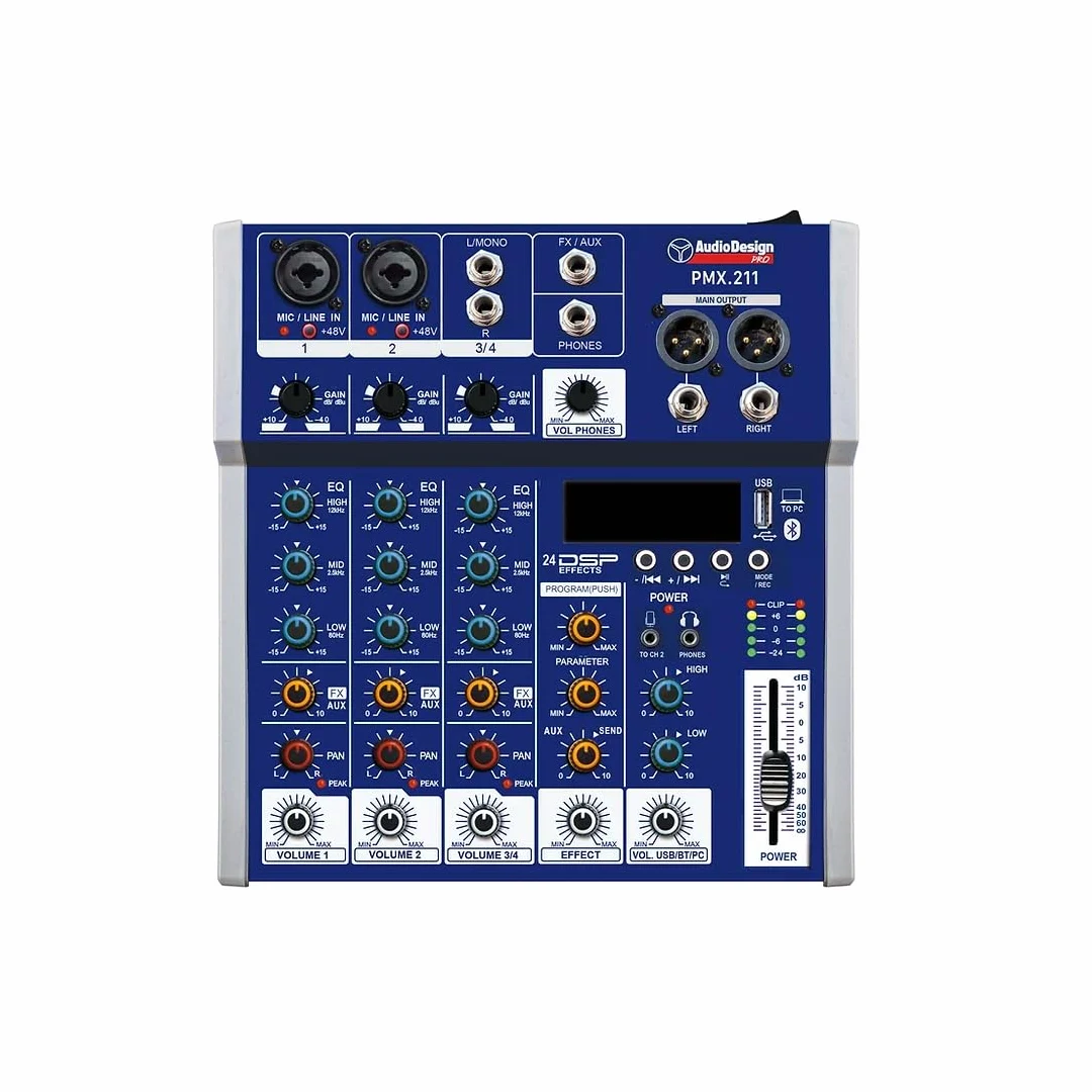 Mixer audio professionale, console con 4 canali, bluetooth, 24 effetti DSP