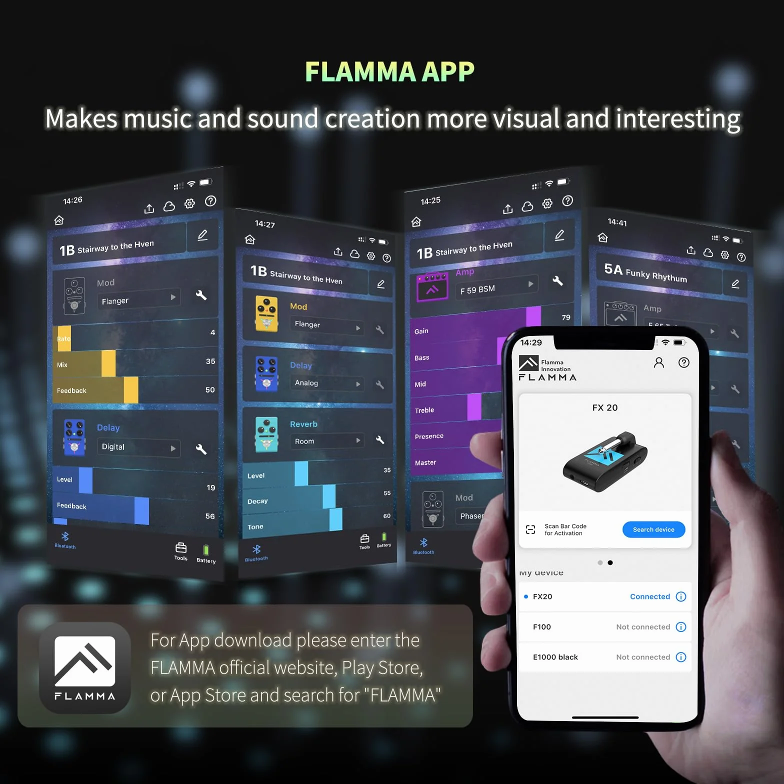 FLAMMA FX20 Amplificatore per cuffie per chitarra con APP 40 scanalature per batteria 52 modalità Amp 5 ritardo 5 effetti di riverbero 14 modulazioni per la registrazione pratica e la creatività