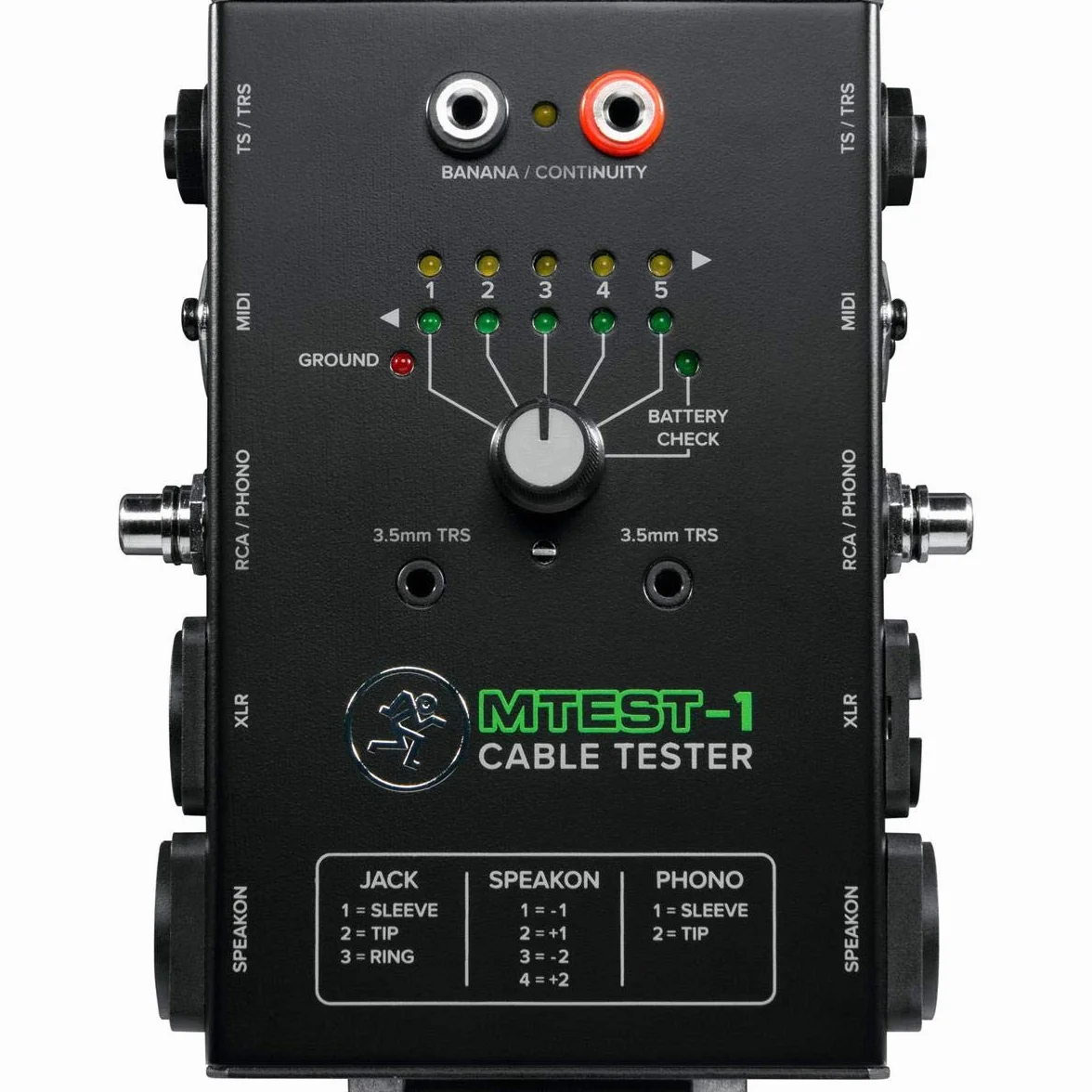 MACKIE Mtest-1 Tester per Cavi con Interruttore a 6 Pin e 7 Tipi di Connettore, Cavi TRS e TS da 1/4", TRS e TS da 1/8", XLR, RCA/Phono, Speakon, Midi e Banana