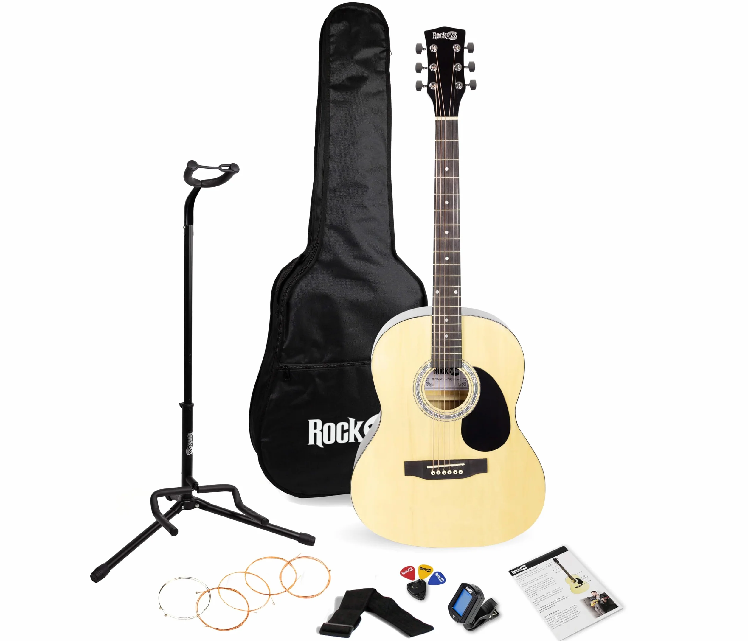 RockJam Kit per chitarra acustica con supporto, custodia, accordatore, plettri, porta plettri, corde di ricambio e lezioni