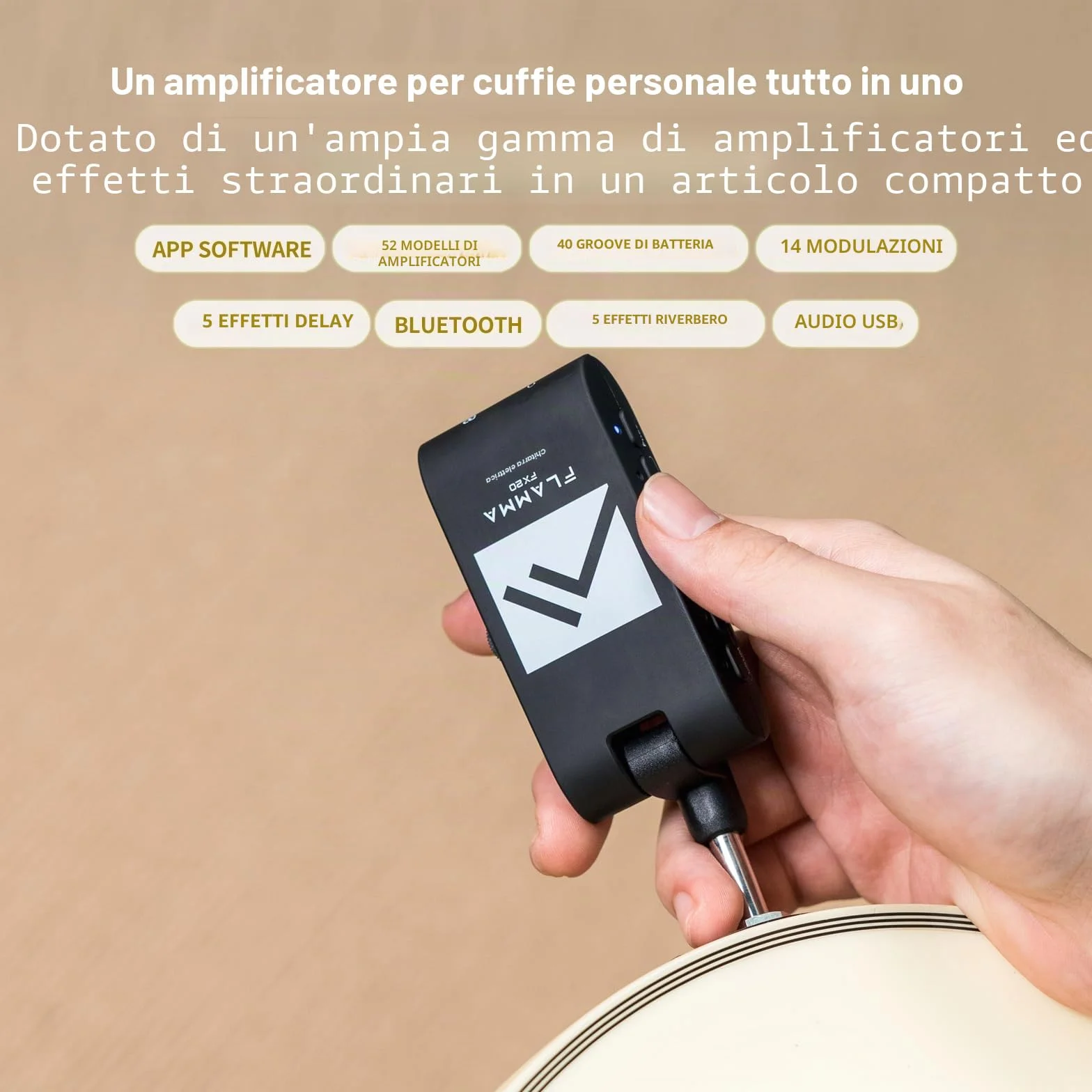 FLAMMA FX20 Amplificatore per cuffie per chitarra con APP 40 scanalature per batteria 52 modalità Amp 5 ritardo 5 effetti di riverbero 14 modulazioni per la registrazione pratica e la creatività